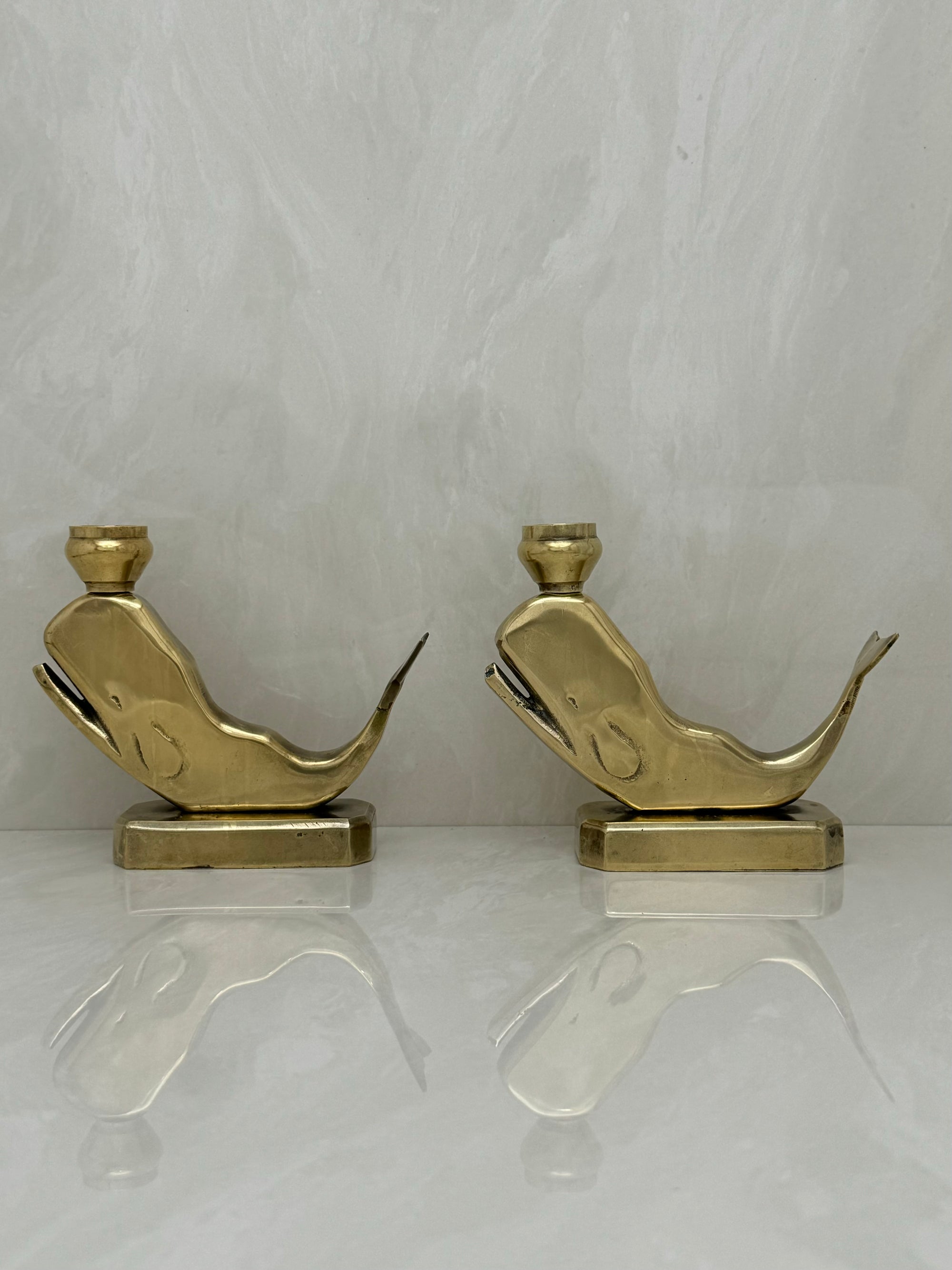 Vintage Brass Whale Candleholders