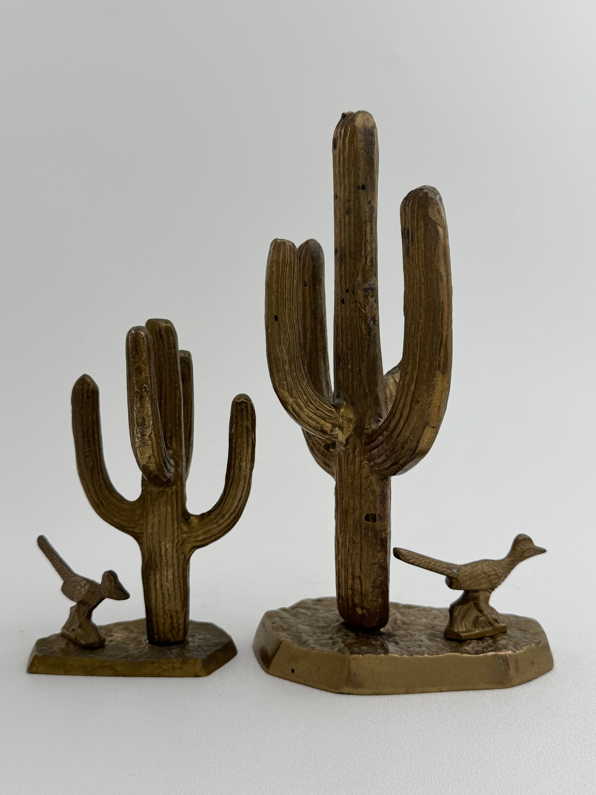 Vintage Brass Saguaro Cactus &amp; Roadrunner — Pair (Set of 2)