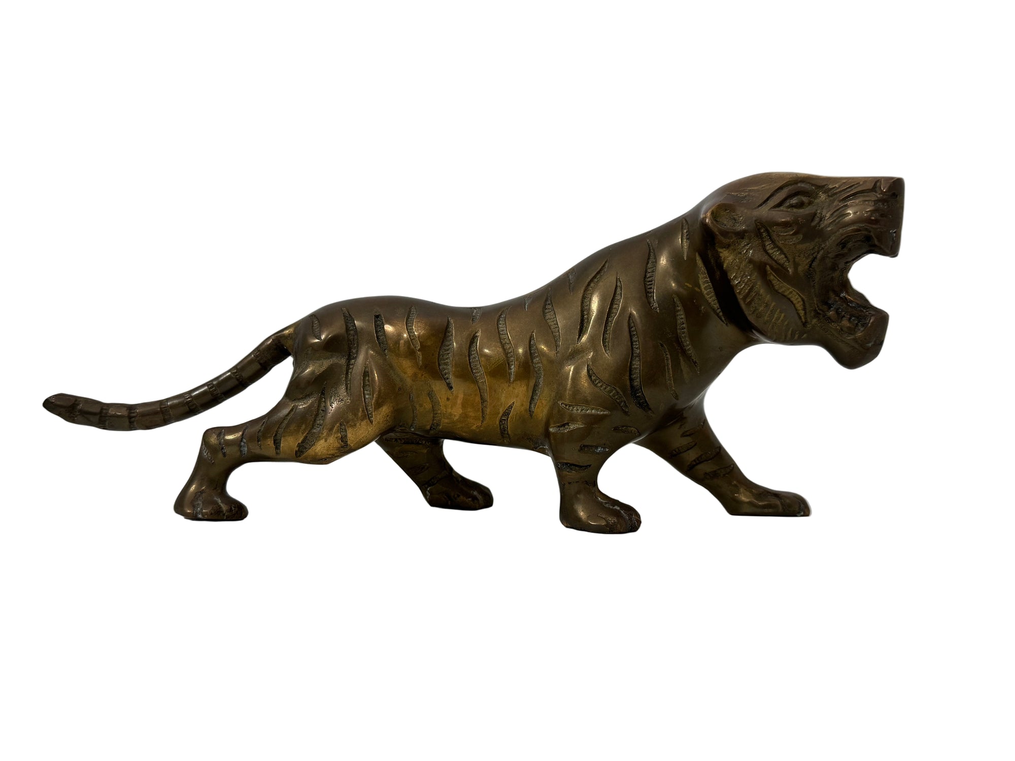 Vintage Brass Tiger Figurine – Mid-Century Modern Roaring Jungle Cat (15”)