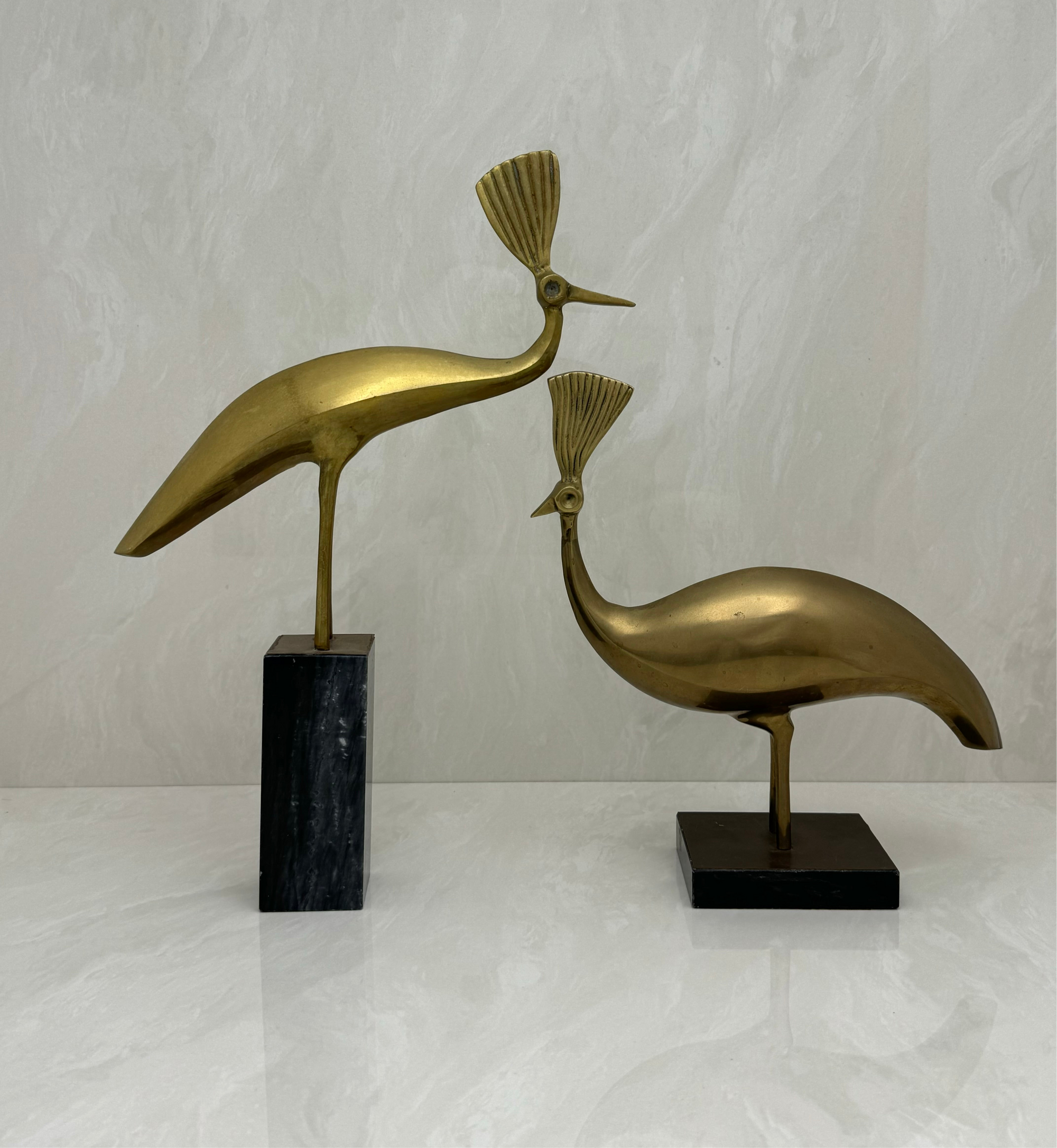 Vintage Brass Peacocks on Marble Bases- A Pair by Rosenthal Netter