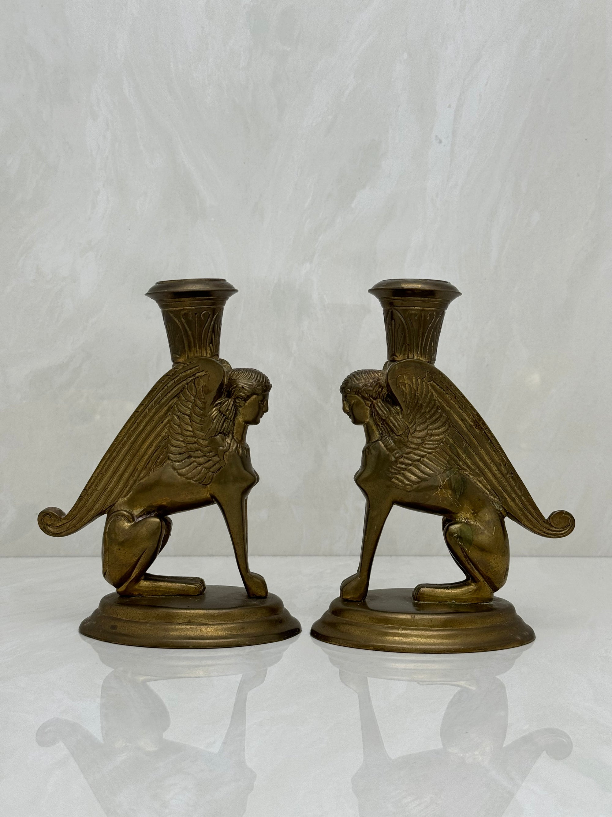 Vintage Brass Winged Sphinx Candleholders-A Pair