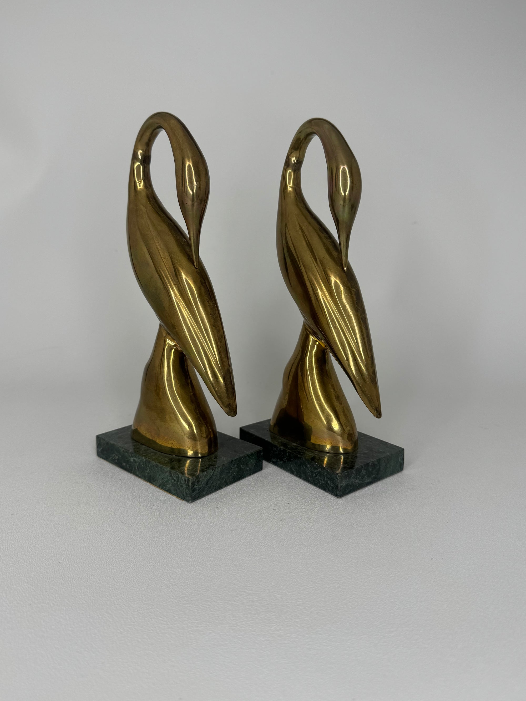 Vintage Brass Crane Pair on Marble Base