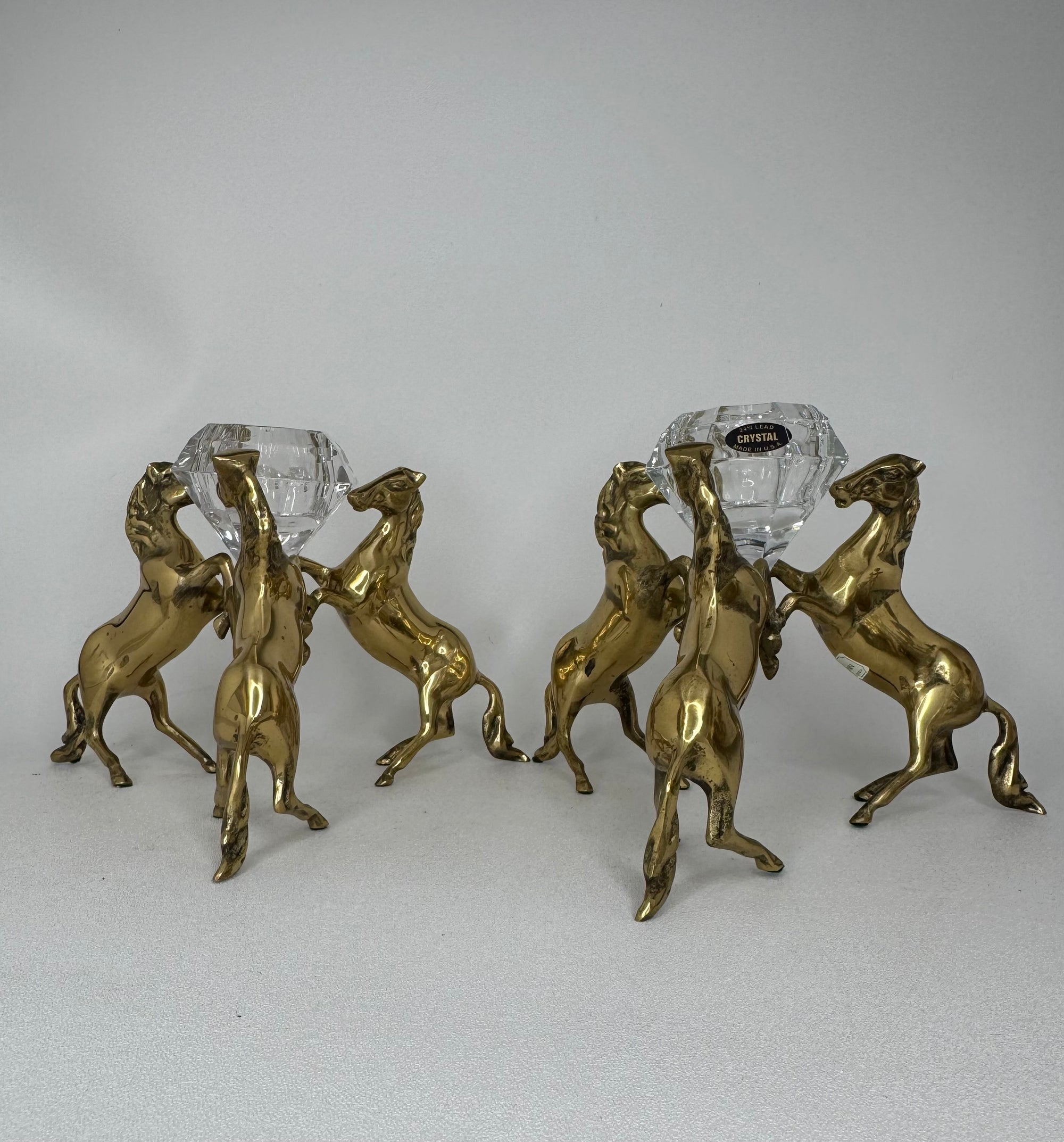 Pair of Horse Brass Stands with Crystal Candleholders Inserts