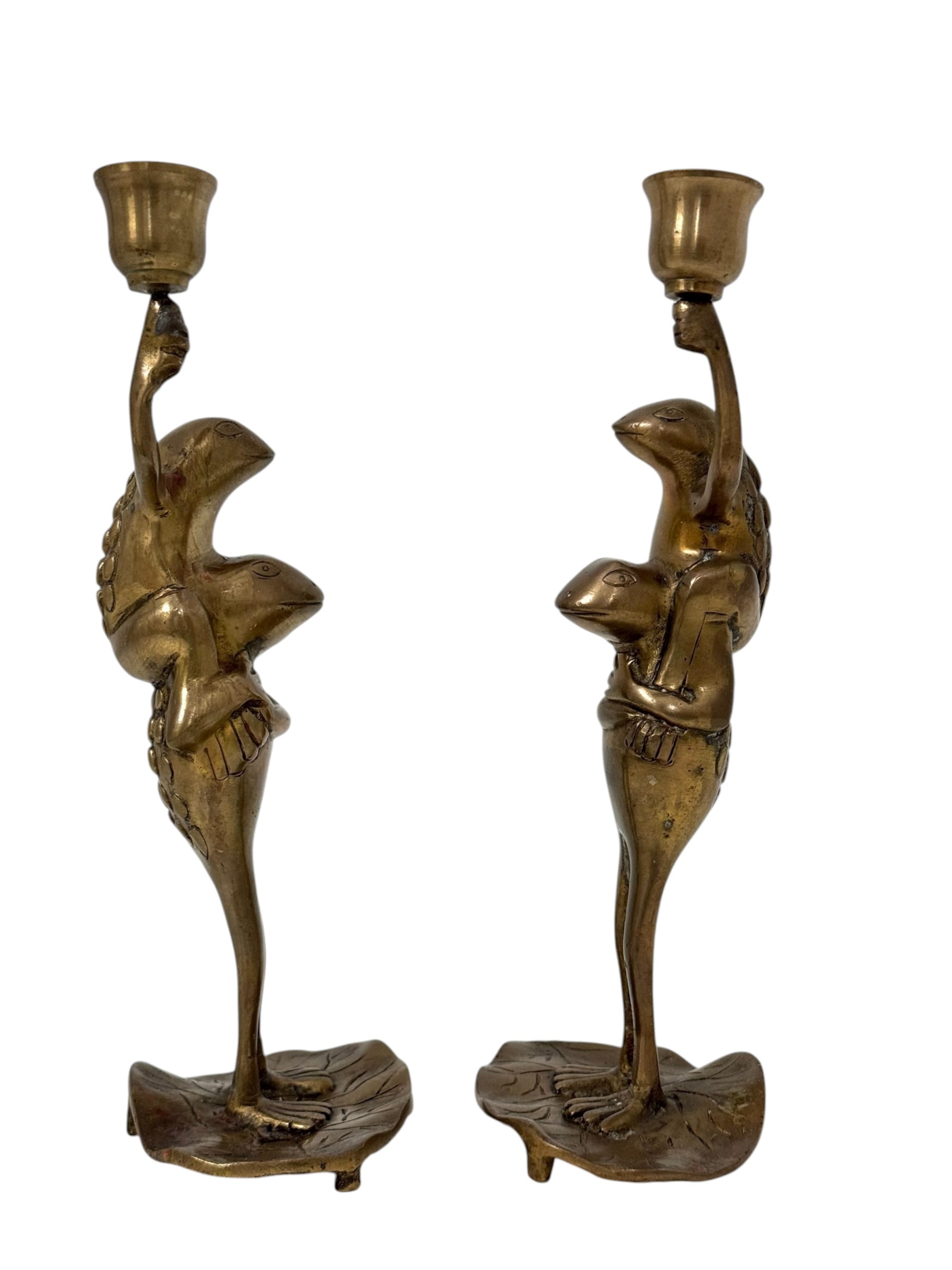 Vintage Brass Frog Couple Candle Holders | Mid-Century Whimsical Pair on Lily Pads