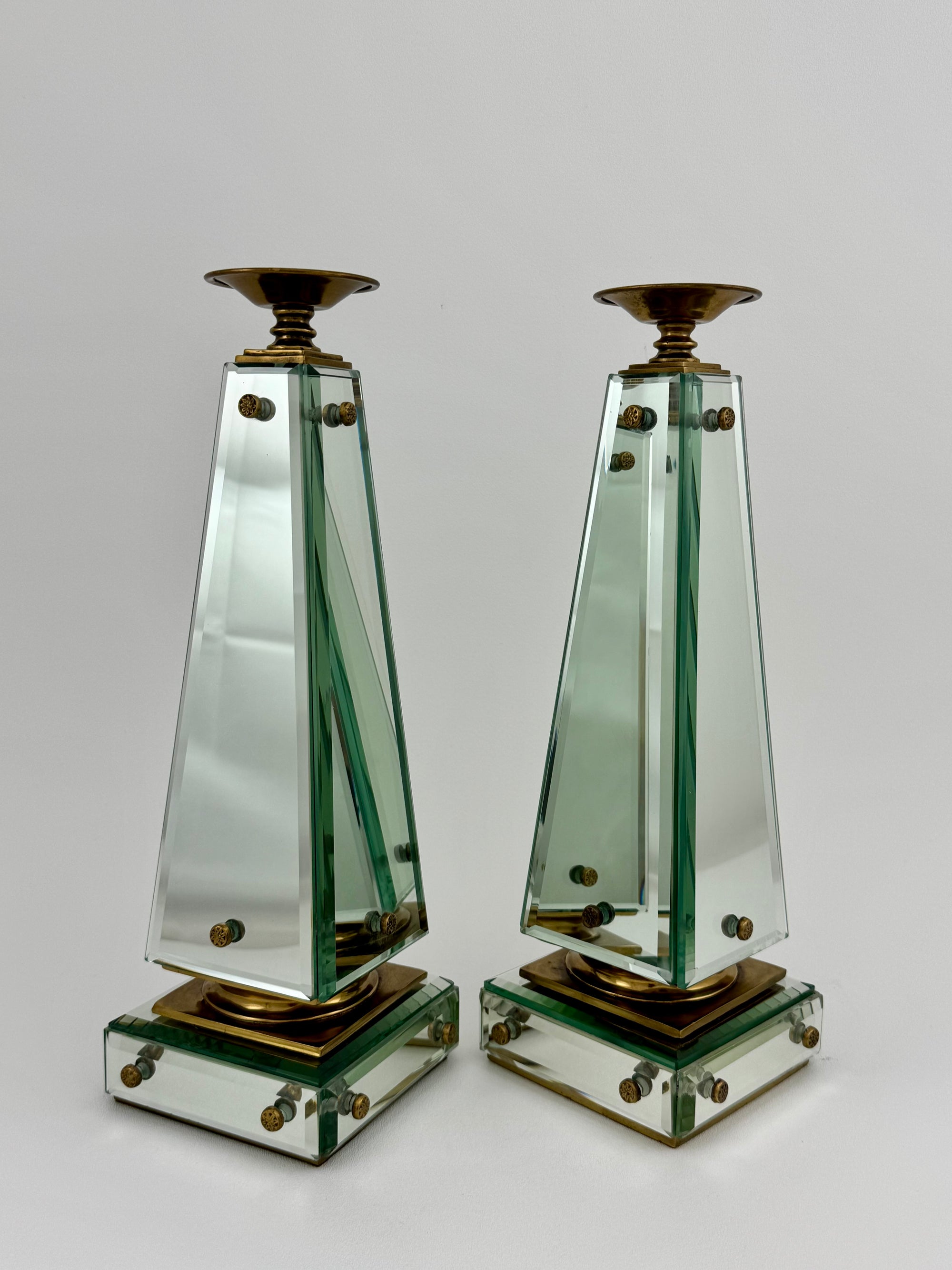 Pair of Vintage Maitland-Smith Mirrored Obelisk Candlesticks