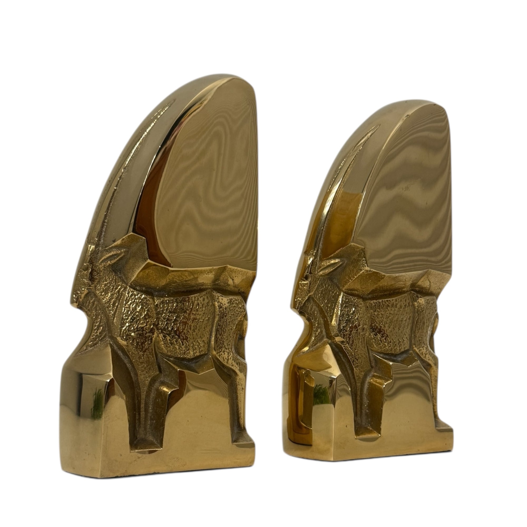 Mid-Century Modern Brass Gazelle Sculptures – Abstract Antelope Bookends