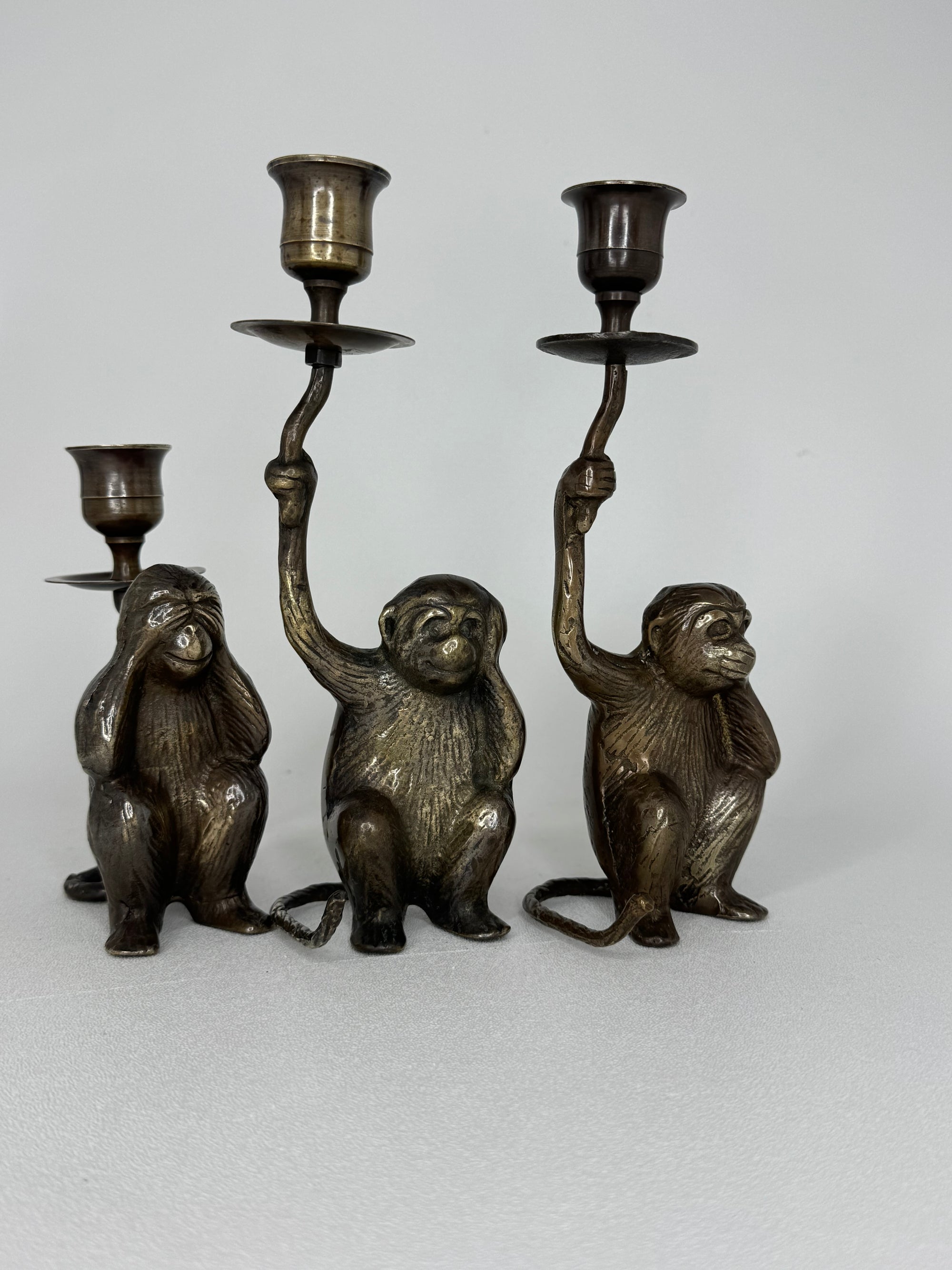 Vintage Brass Three Wise Monkeys Candleholders — See No Evil, Hear No Evil, Speak No Evil
