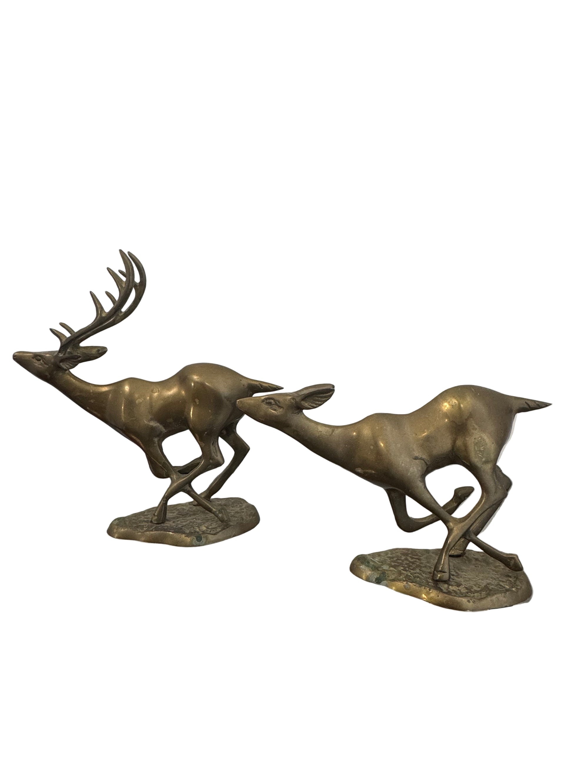 Vintage Mid-Century Brass Running Deer Sculptures – Pair