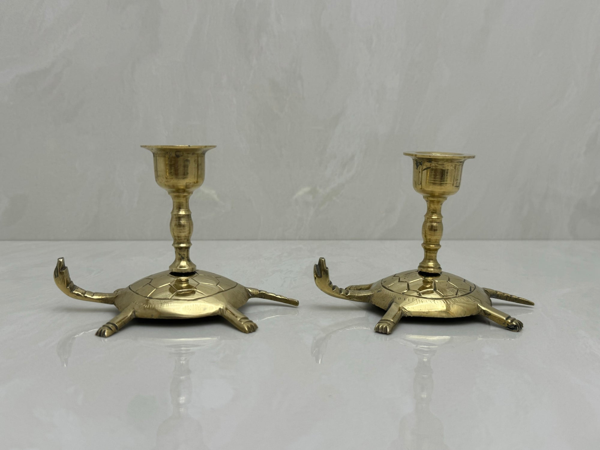 Vintage Brass Turtle Candlestick Holders- A Pair of
