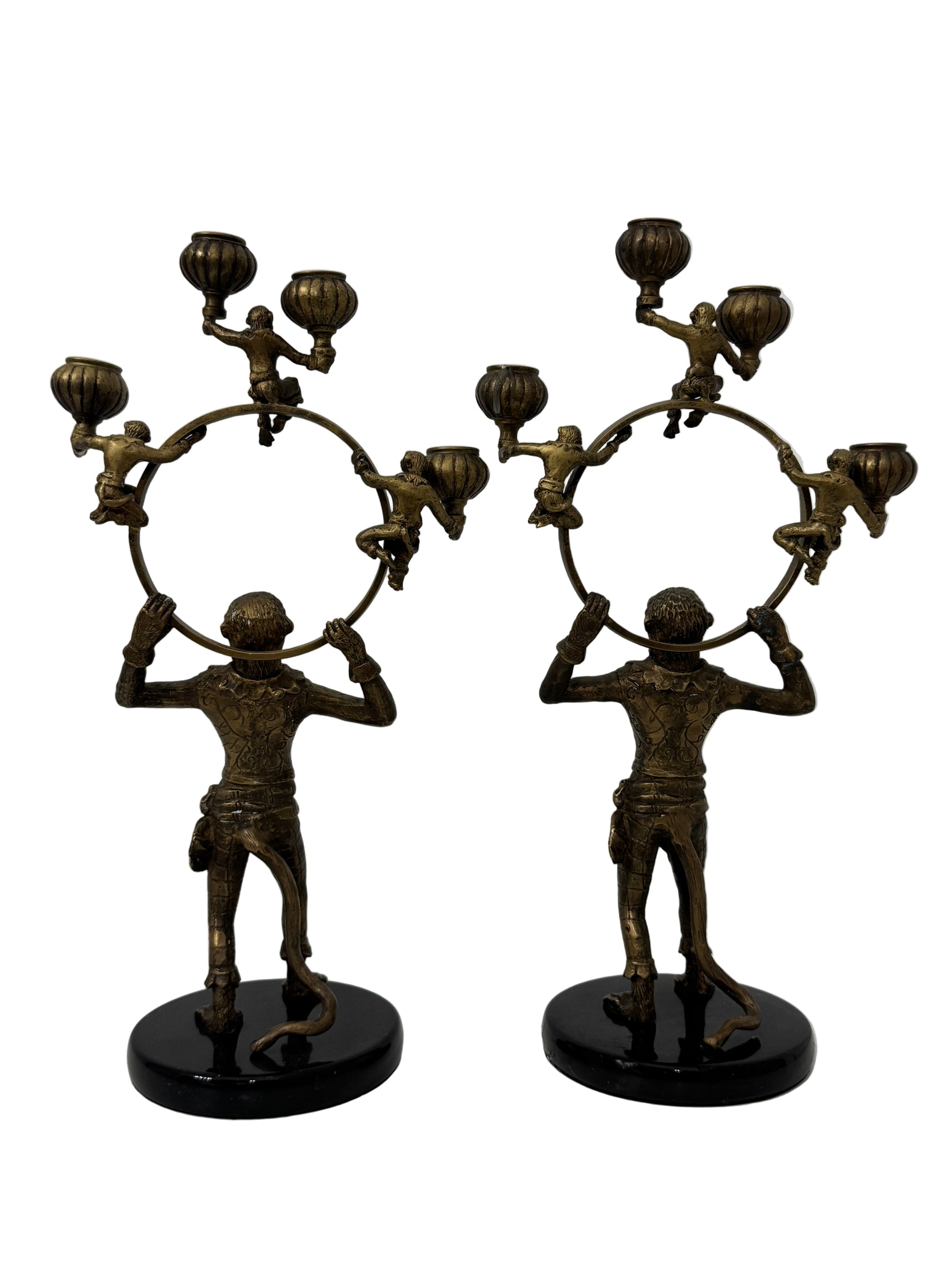 Vintage Brass Monkey Candleholders on Black Marble Bases | Mid-Century Exotic Pair