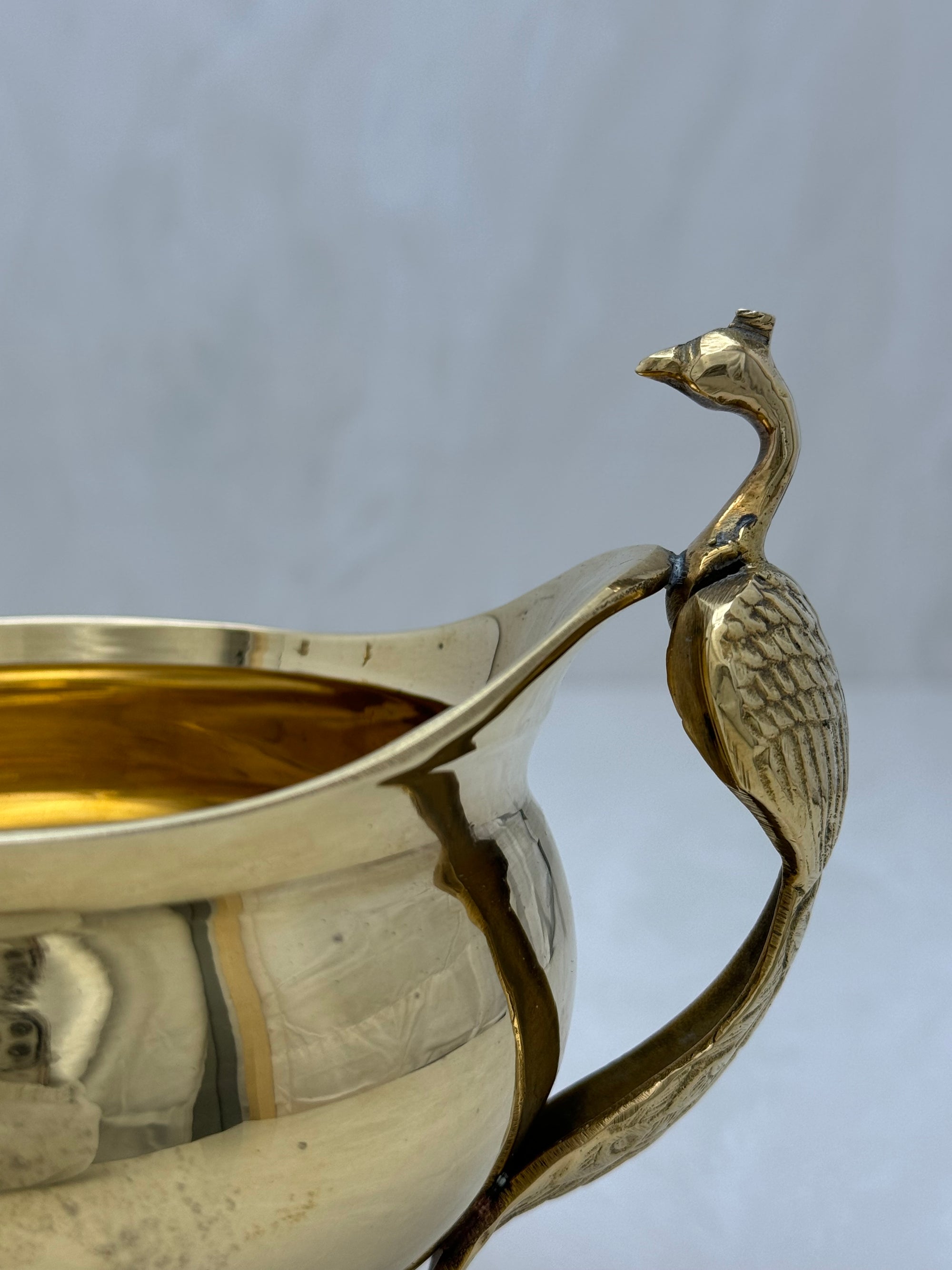 Vintage Brass Flower Bowls With Peacock Handles-A Pair