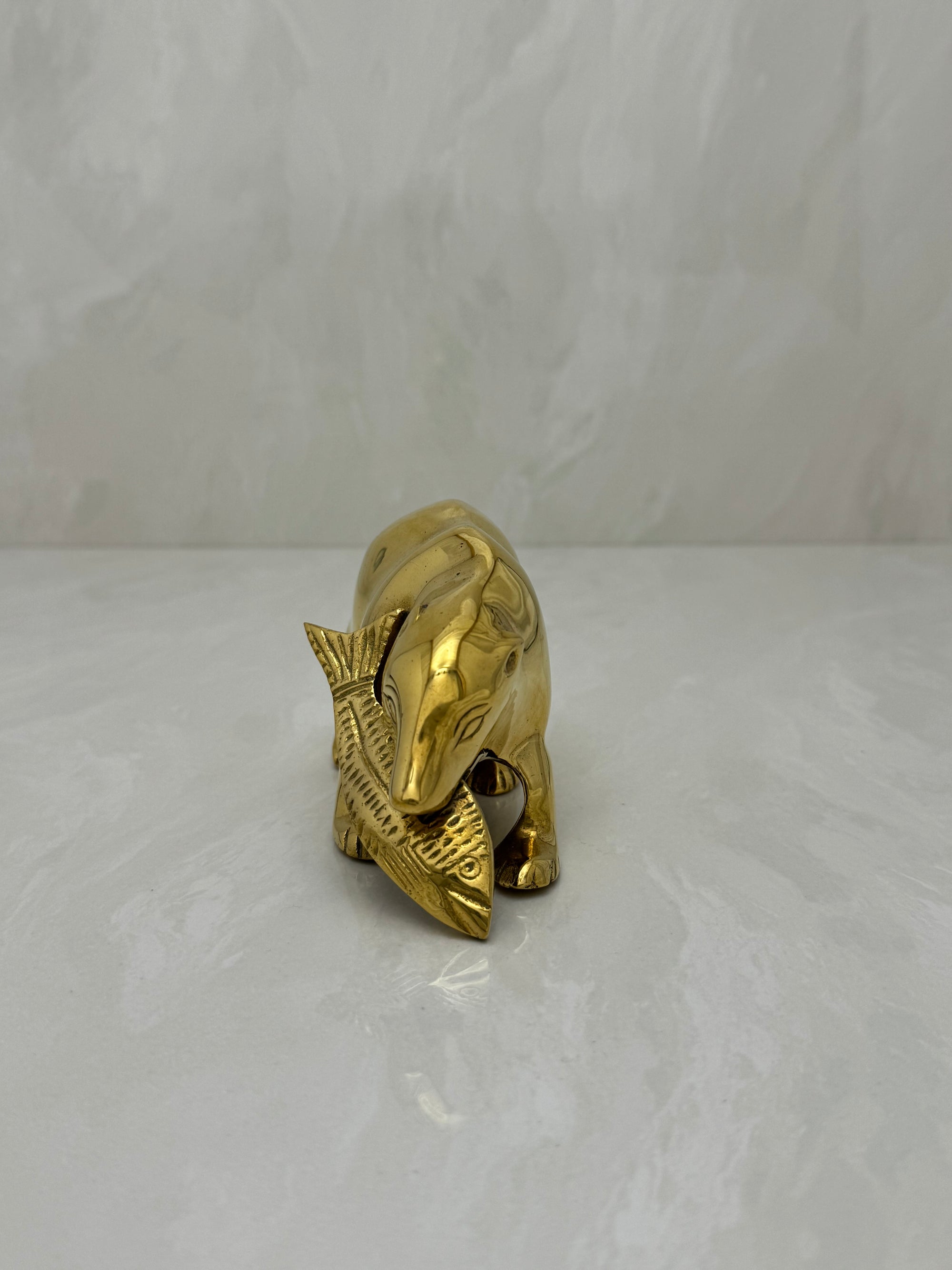 Vintage Brass Bear with Fish in Mouth