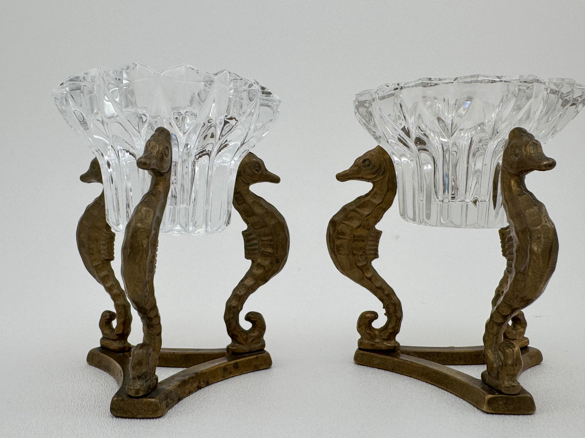 Vintage Brass Seahorse Stands with Crystal Inserts-A Pair