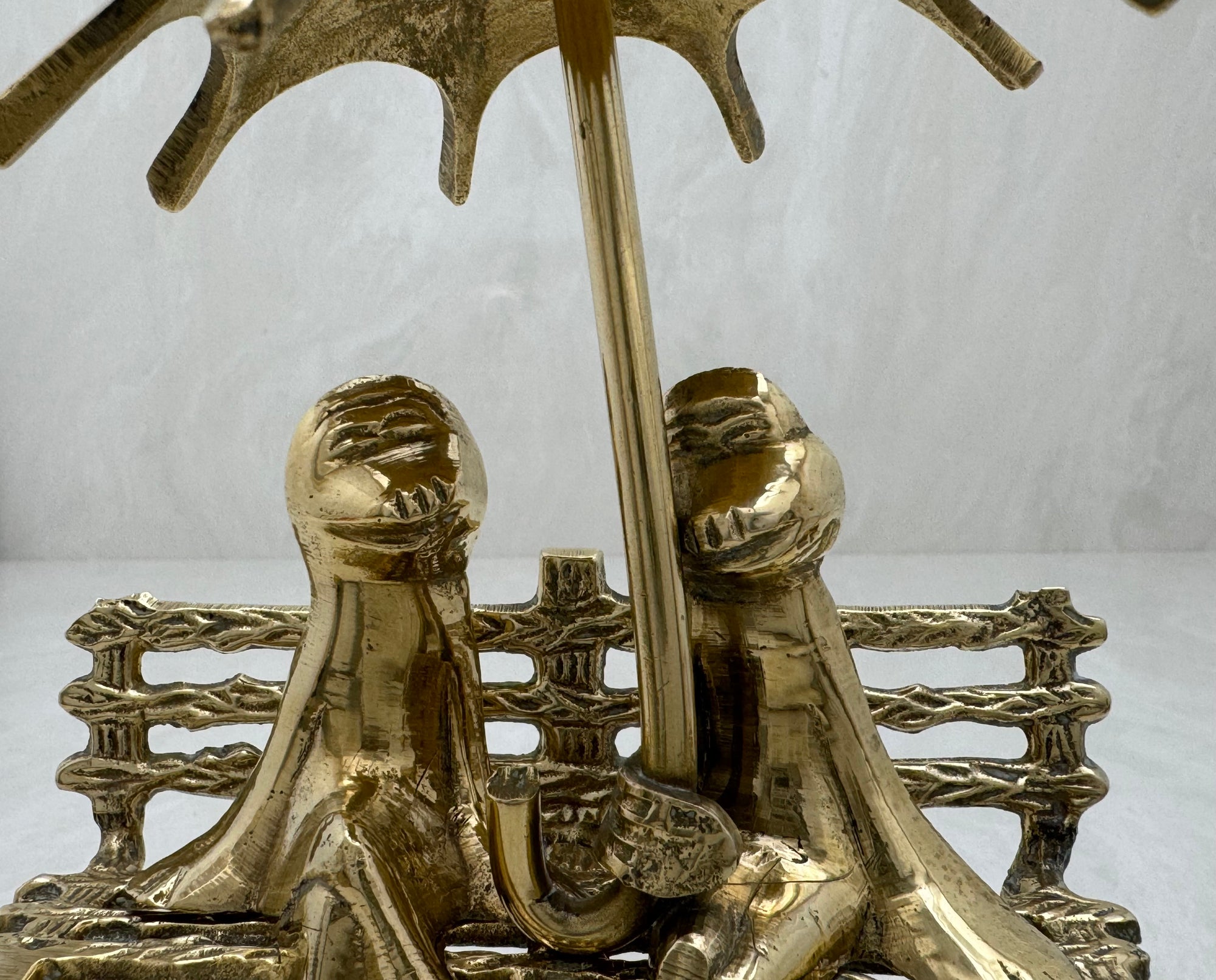 Vintage Brass Charming Frogs on Bench Under Umbrella