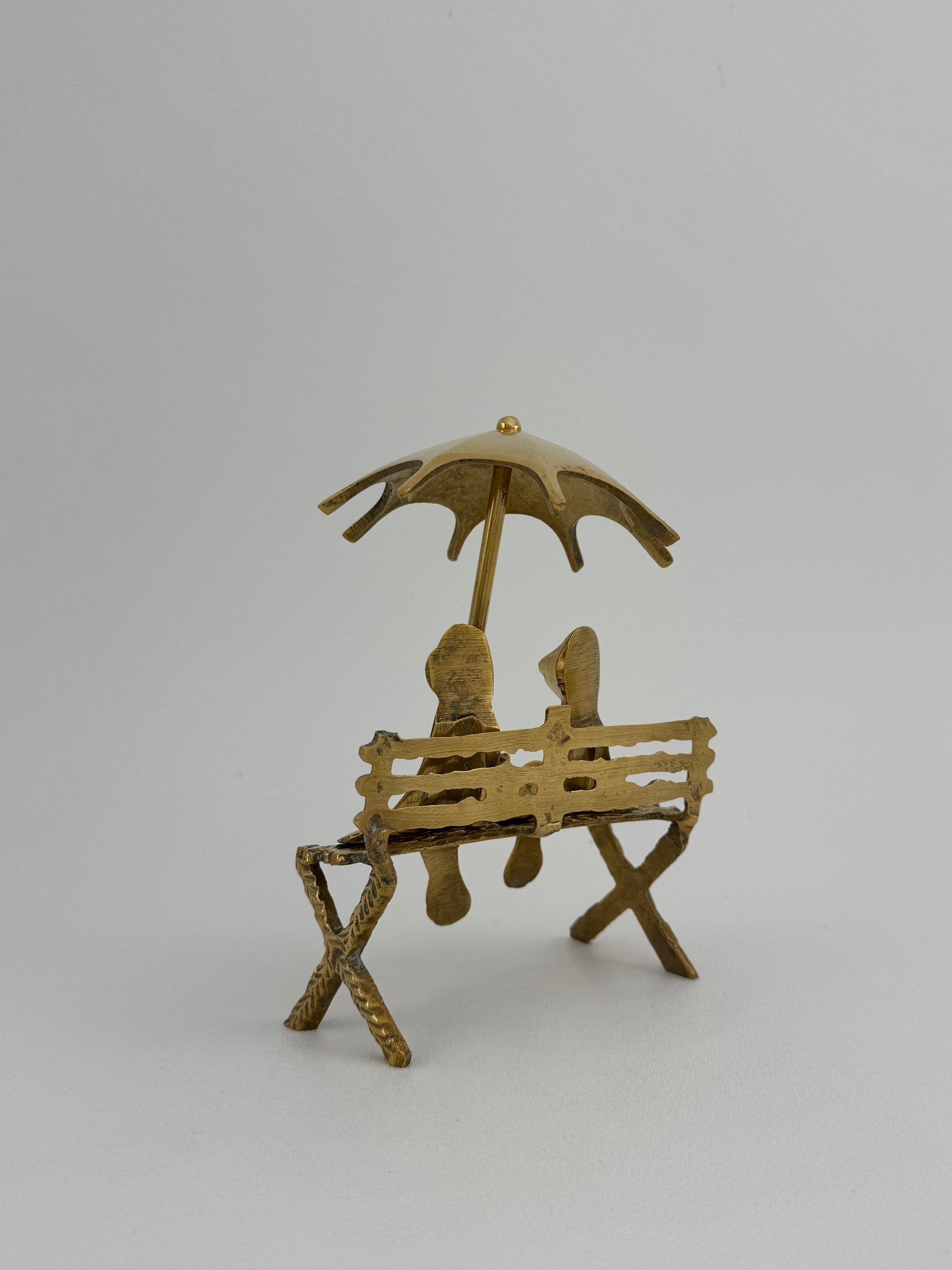 Vintage Brass Charming Frog Couple on Bench Under Umbrella