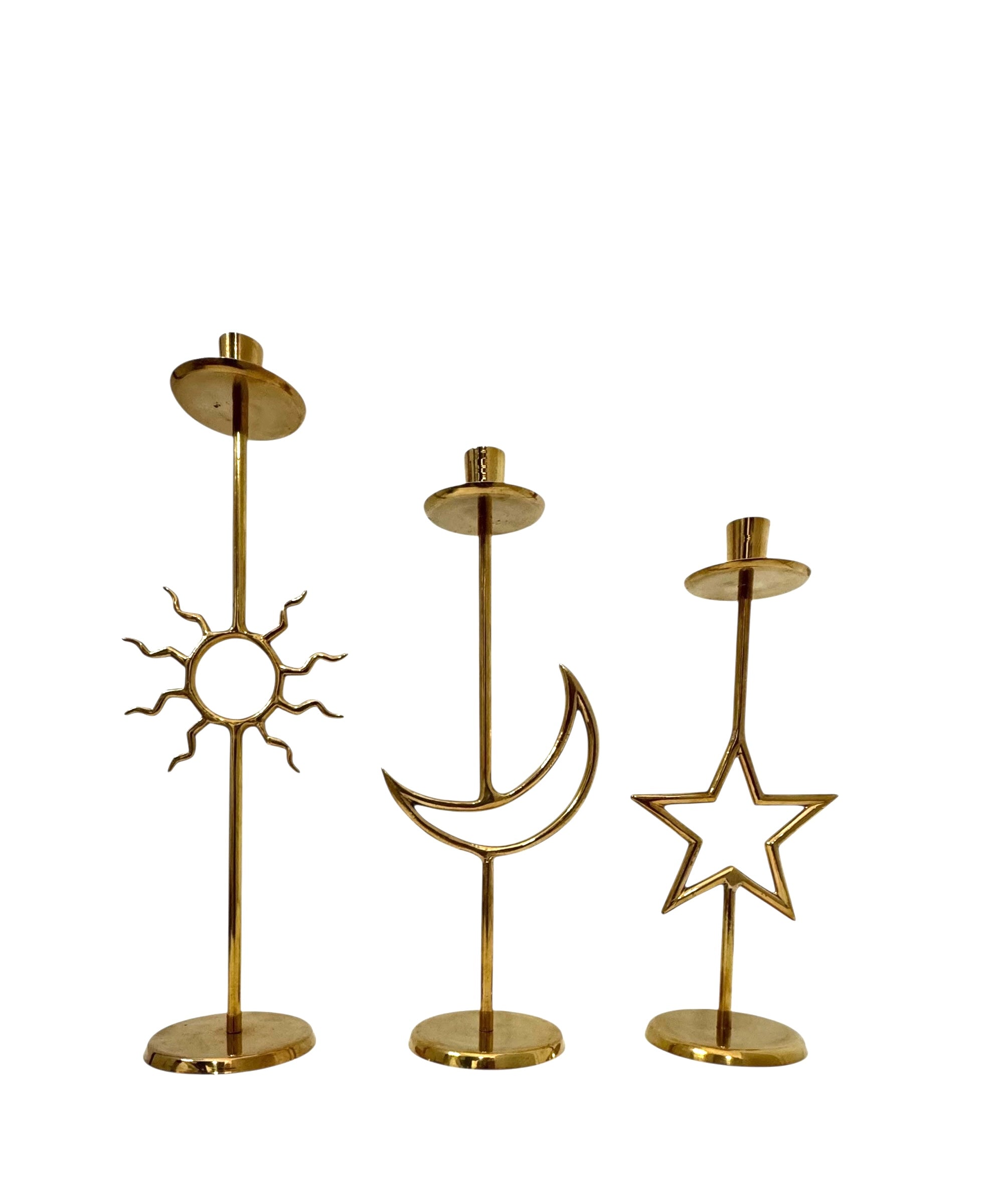 Vintage Brass Sun, Moon &amp; Star Candle Holders – Celestial Mid-Century Trio-Over 1 Foot Tall