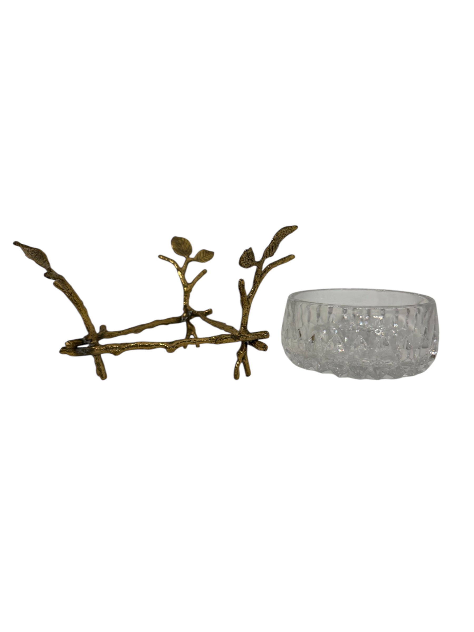 Vintage Cut Crystal Bowl with Ornate Brass Branch &amp; Leaf Stand – Mid-Century Elegance