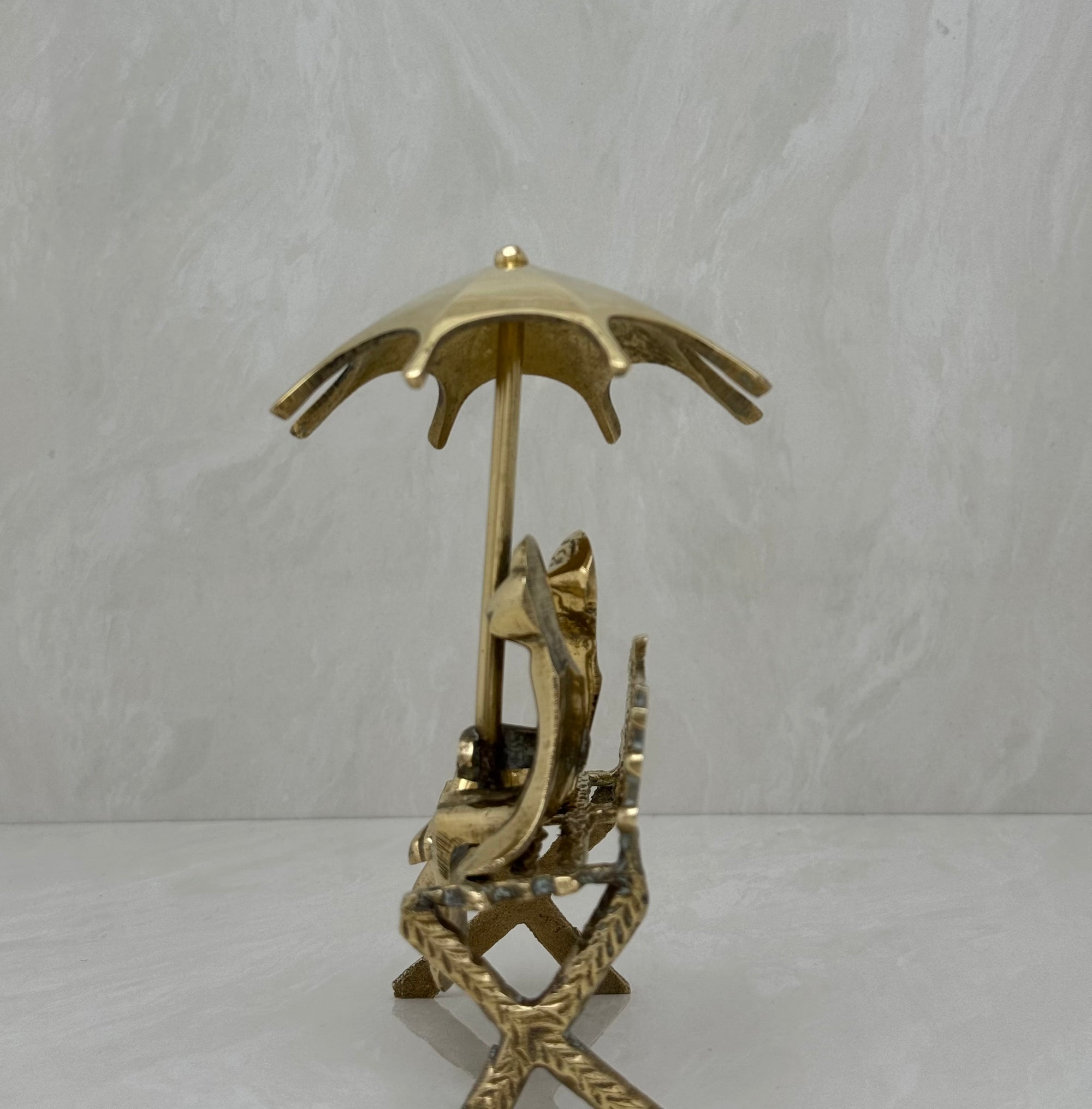 Vintage Brass Charming Frogs on Bench Under Umbrella