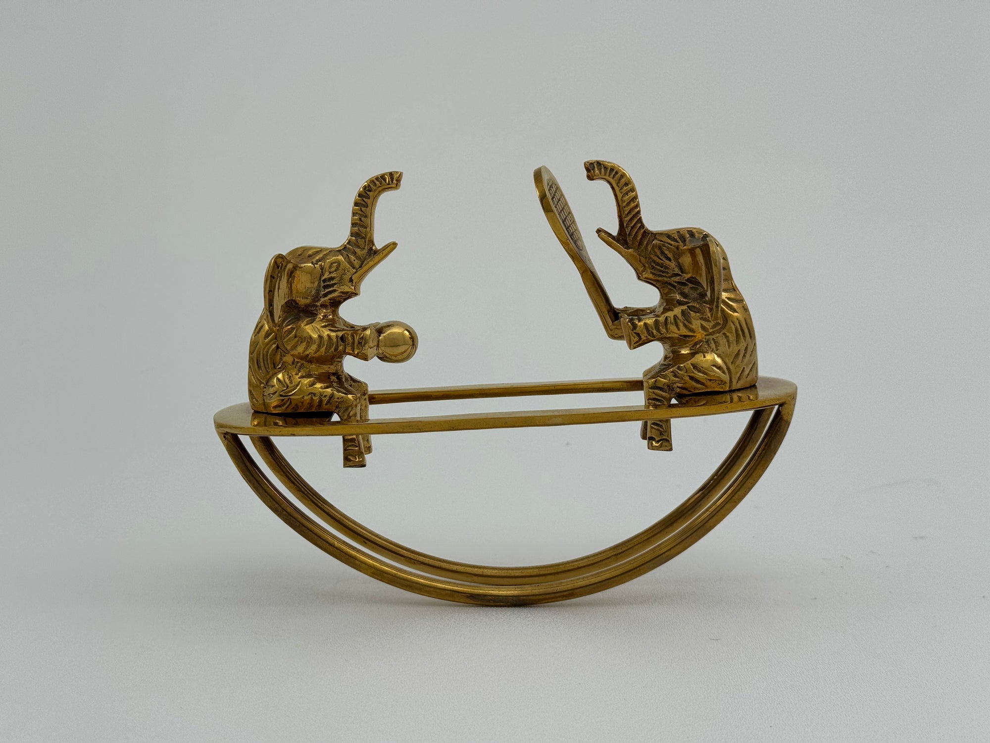 Vintage Brass Figurine of Elephants Enjoying a Tennis Match on a Teeter-Totter