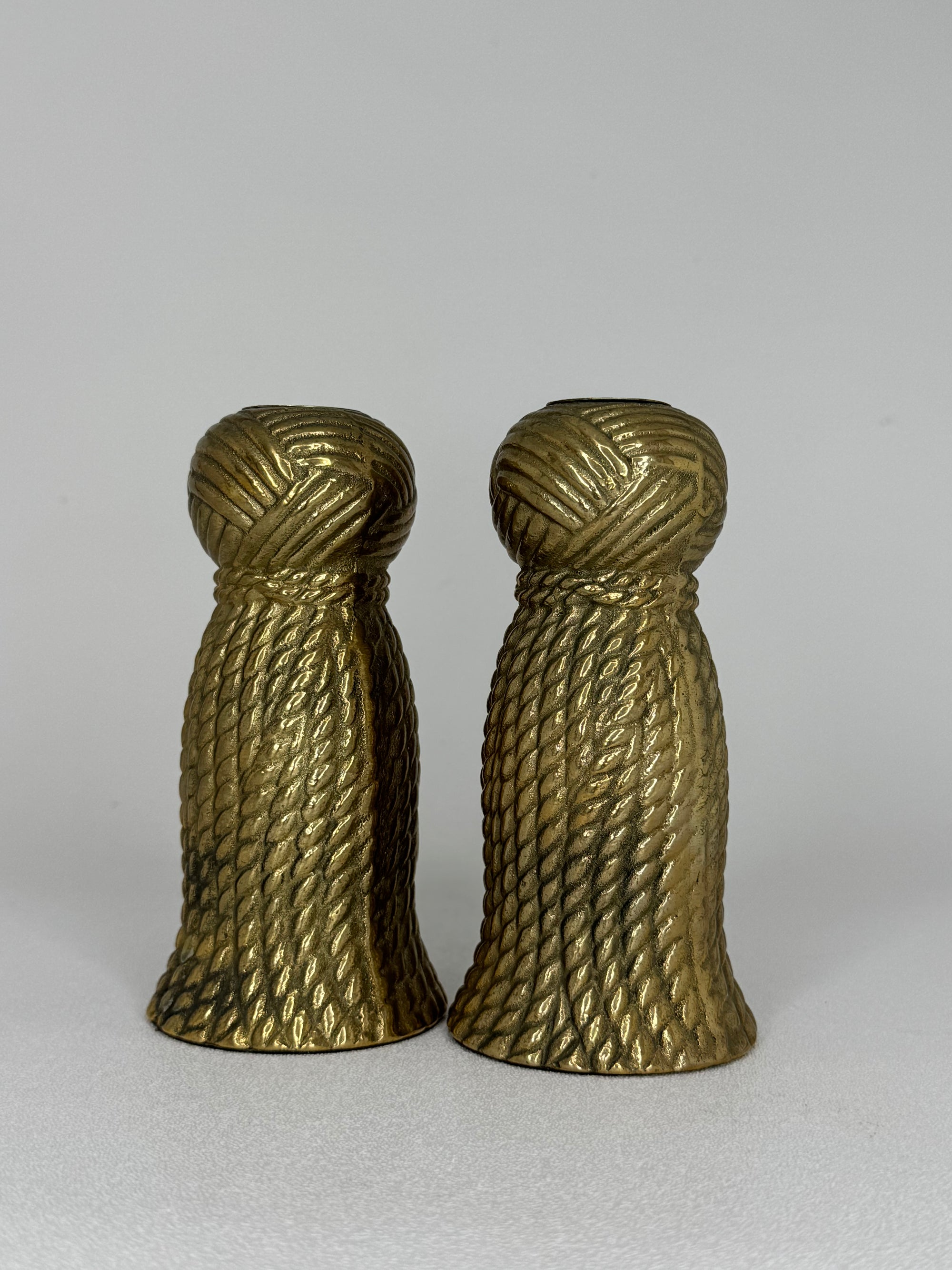 Hollywood Regency Dorthy Draper Style Tassel Candlestick Pair Rope Knot