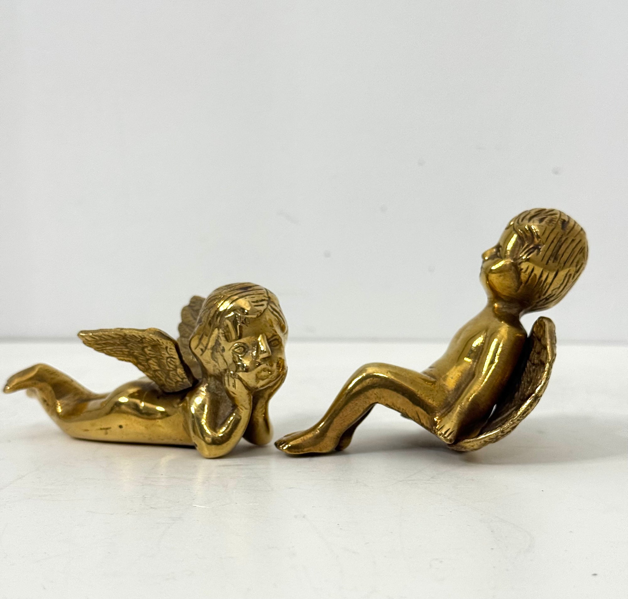 Vintage Polished Brass Cherub Angels — Set of Two Mid-Century Figurines