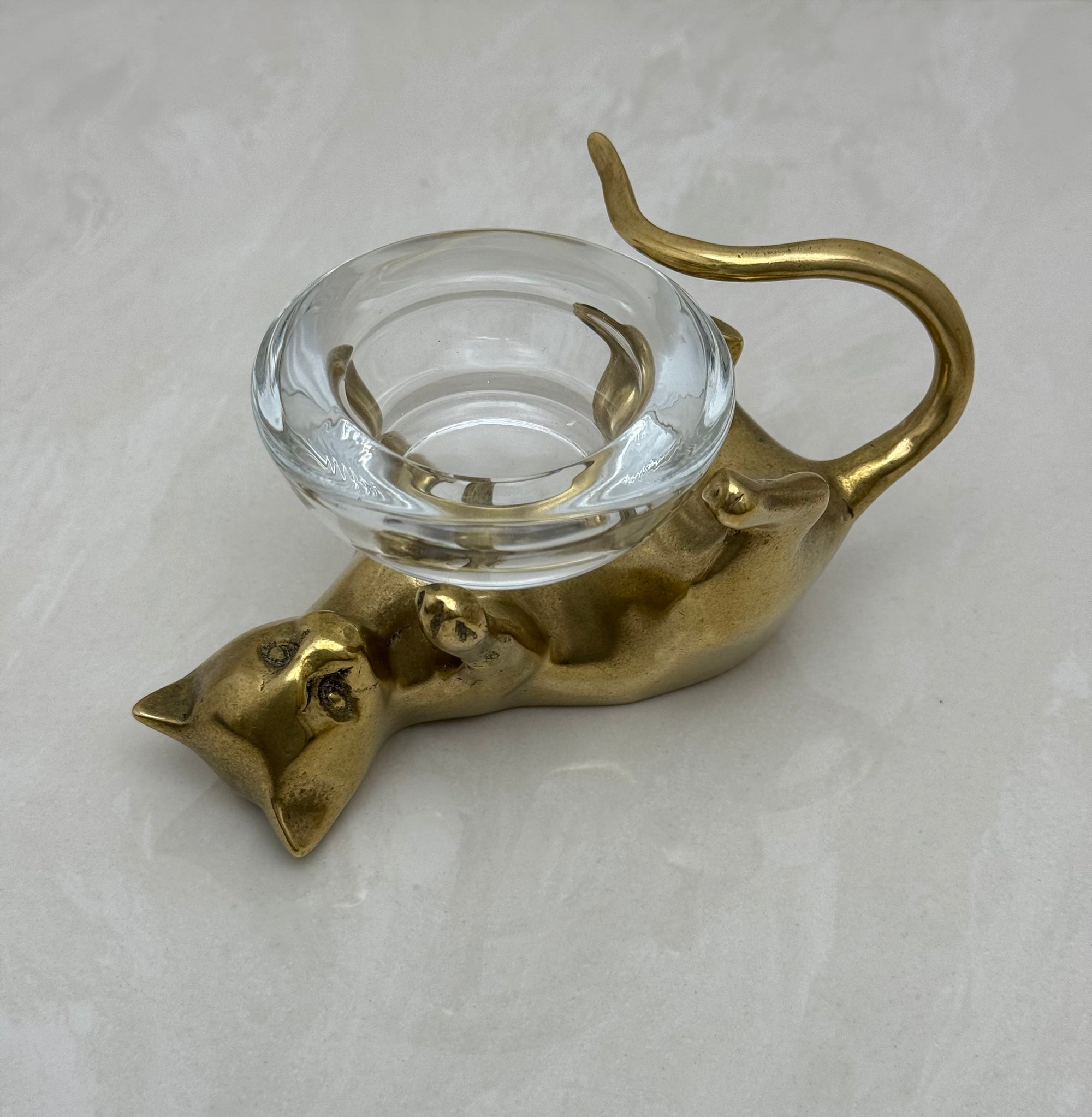 Vintage Brass Cat With Glass Candleholder