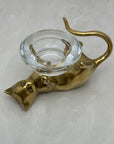 Vintage Brass Cat With Glass Candleholder