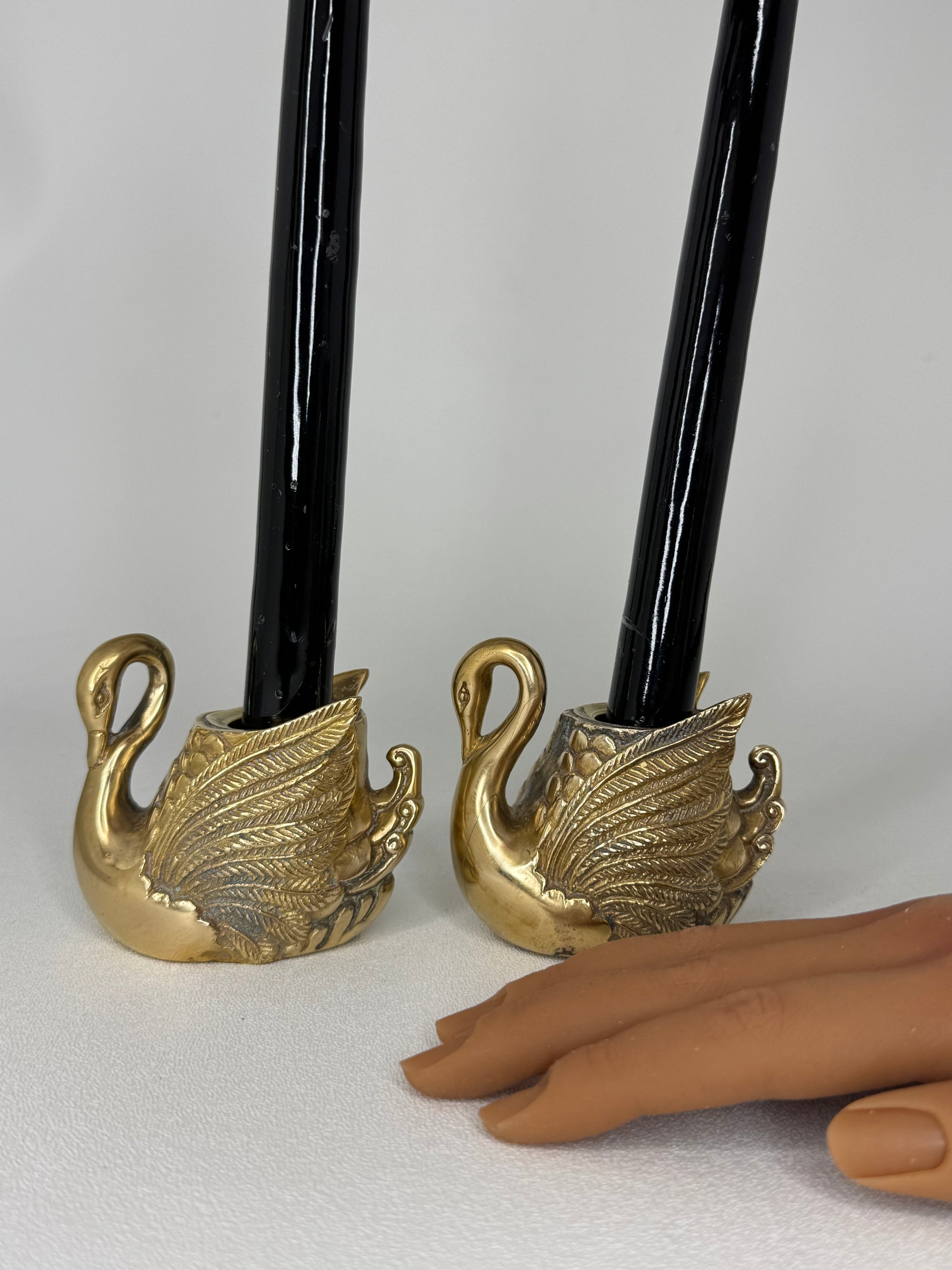 Pair of Vintage Brass Swan Candlestick Holders- Mid-Century Taper Candle Holders