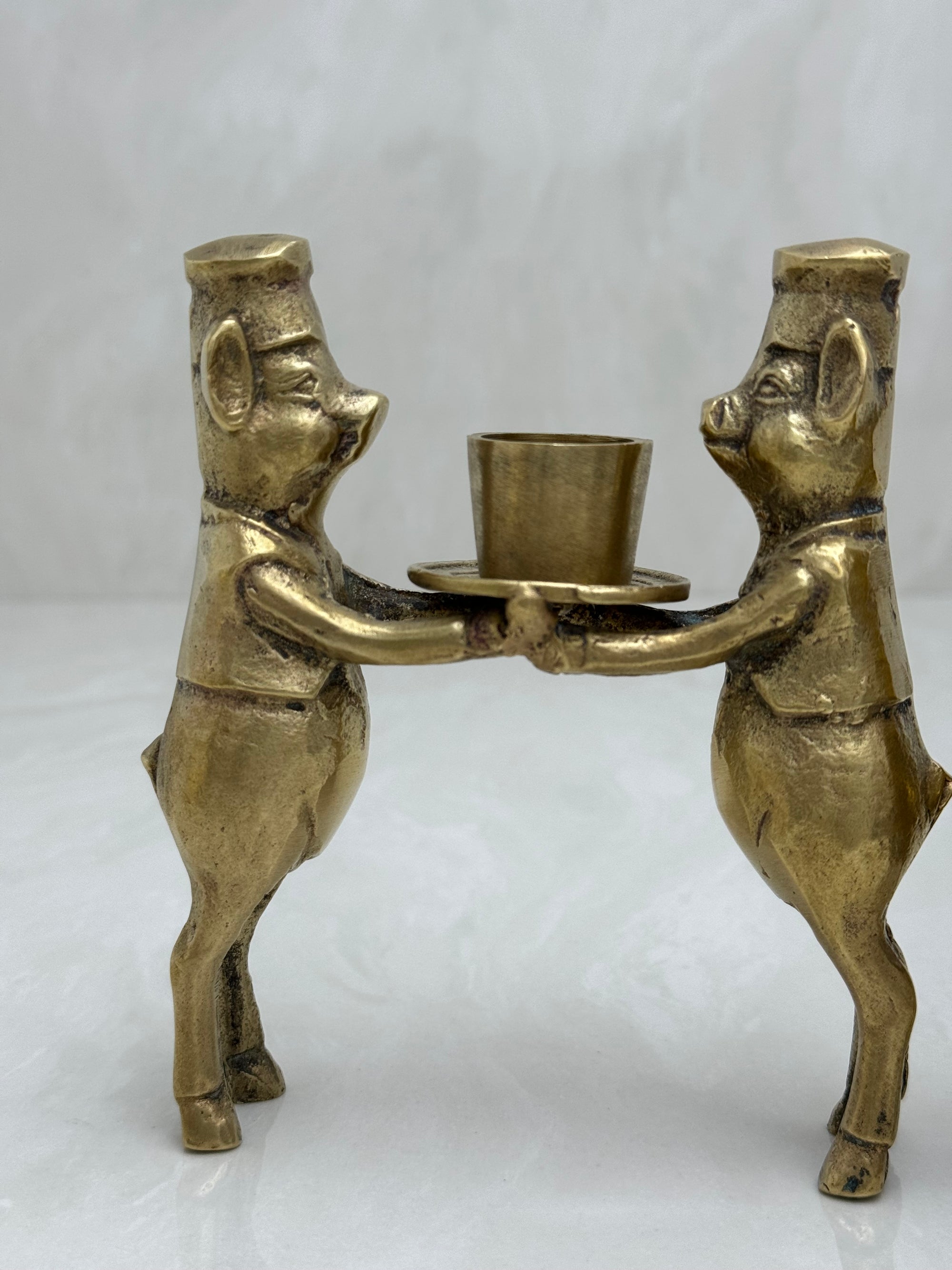 Vintage Bronze Pig Chef Candleholders-A Pair