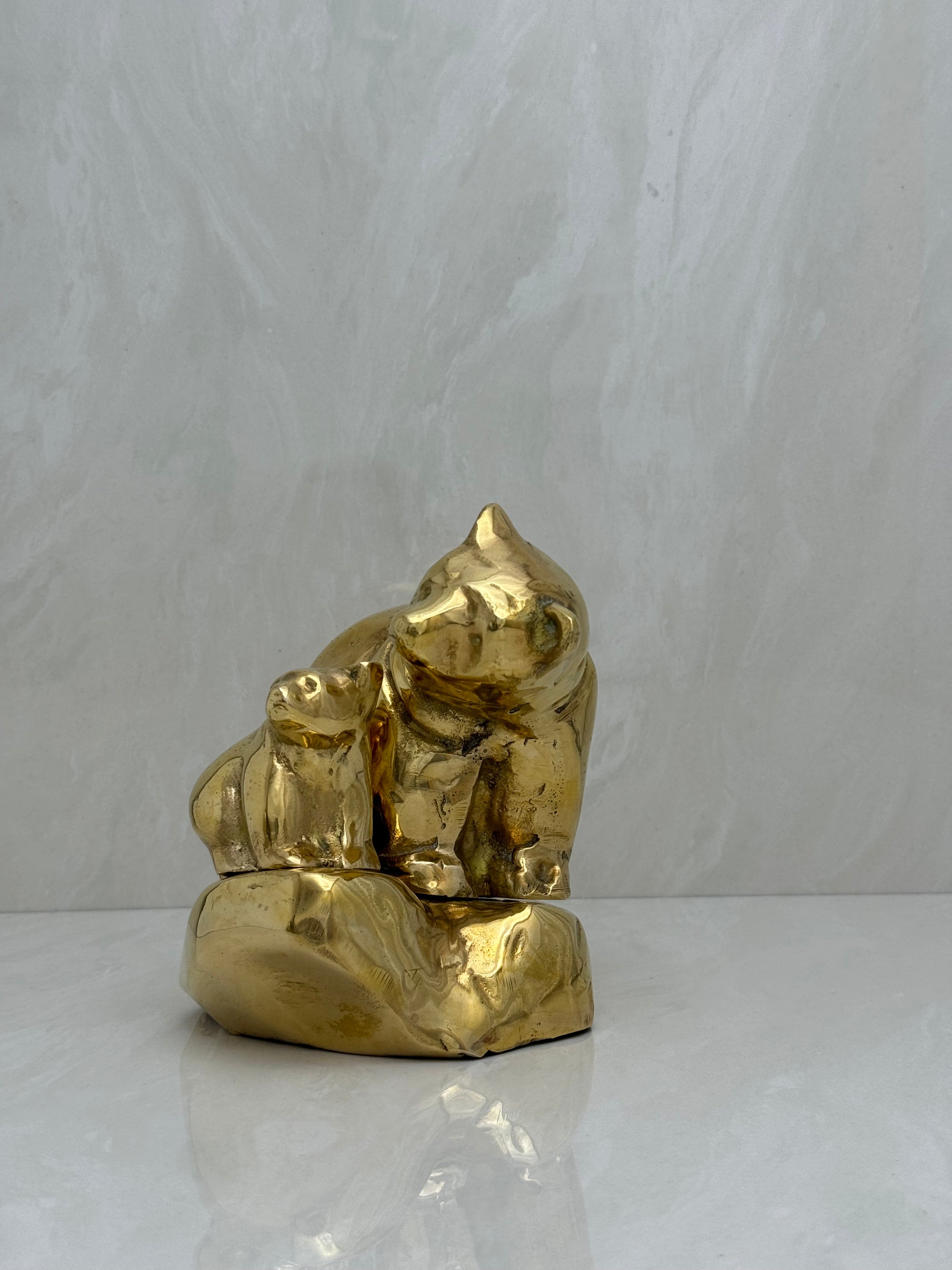 Vintage Brass Mama Bear and Cub on Rock