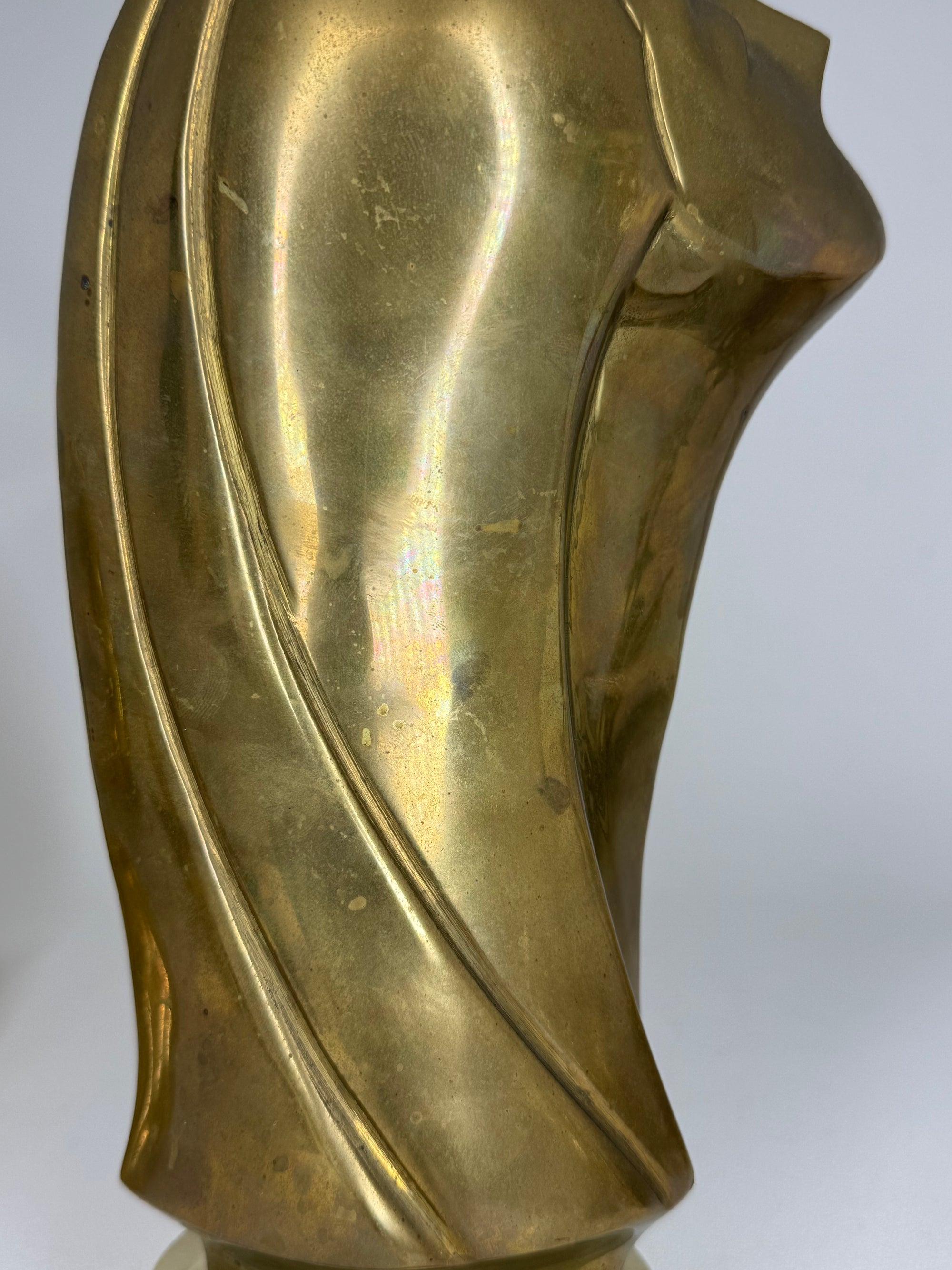 Modernist Brass Female Bust Sculpture | Abstract Woman’s Head, Vintage Brass Art Object on Lucite Base