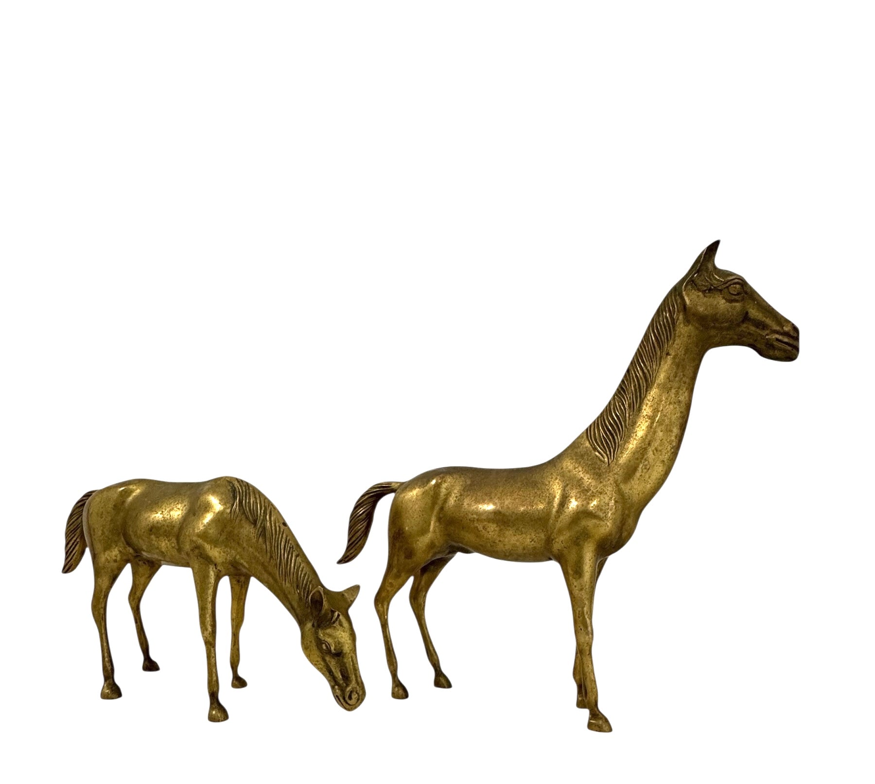 Large Vintage Brass Horse Sculptures – Grazing and Standing Pair (14.5 and 13.5 inches long)