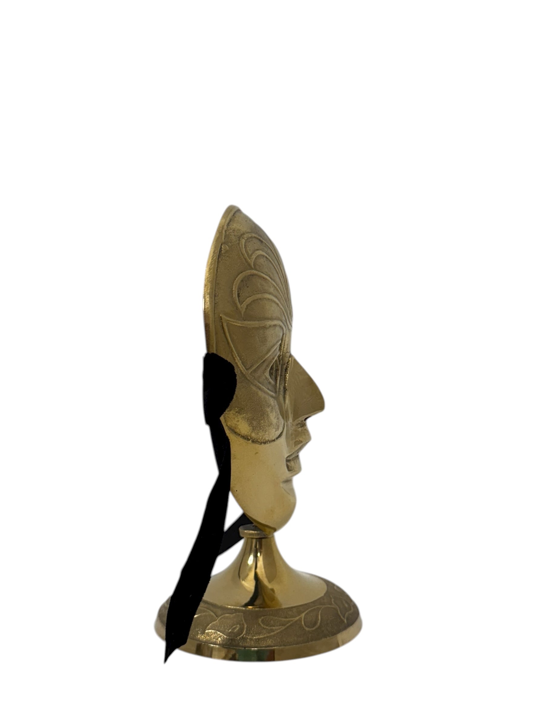 Vintage Brass Face Mask Sculpture on Stand | Mid-Century Modern Surreal Art Decor