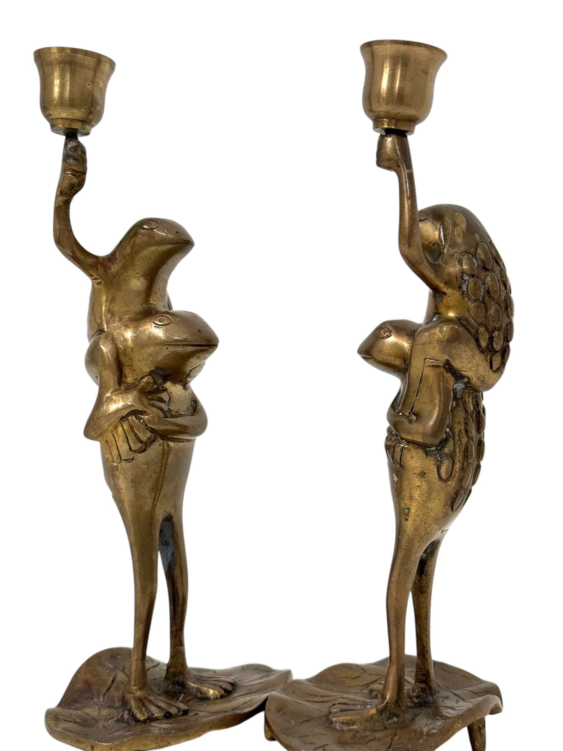 Vintage Brass Frog Couple Candle Holders | Mid-Century Whimsical Pair on Lily Pads