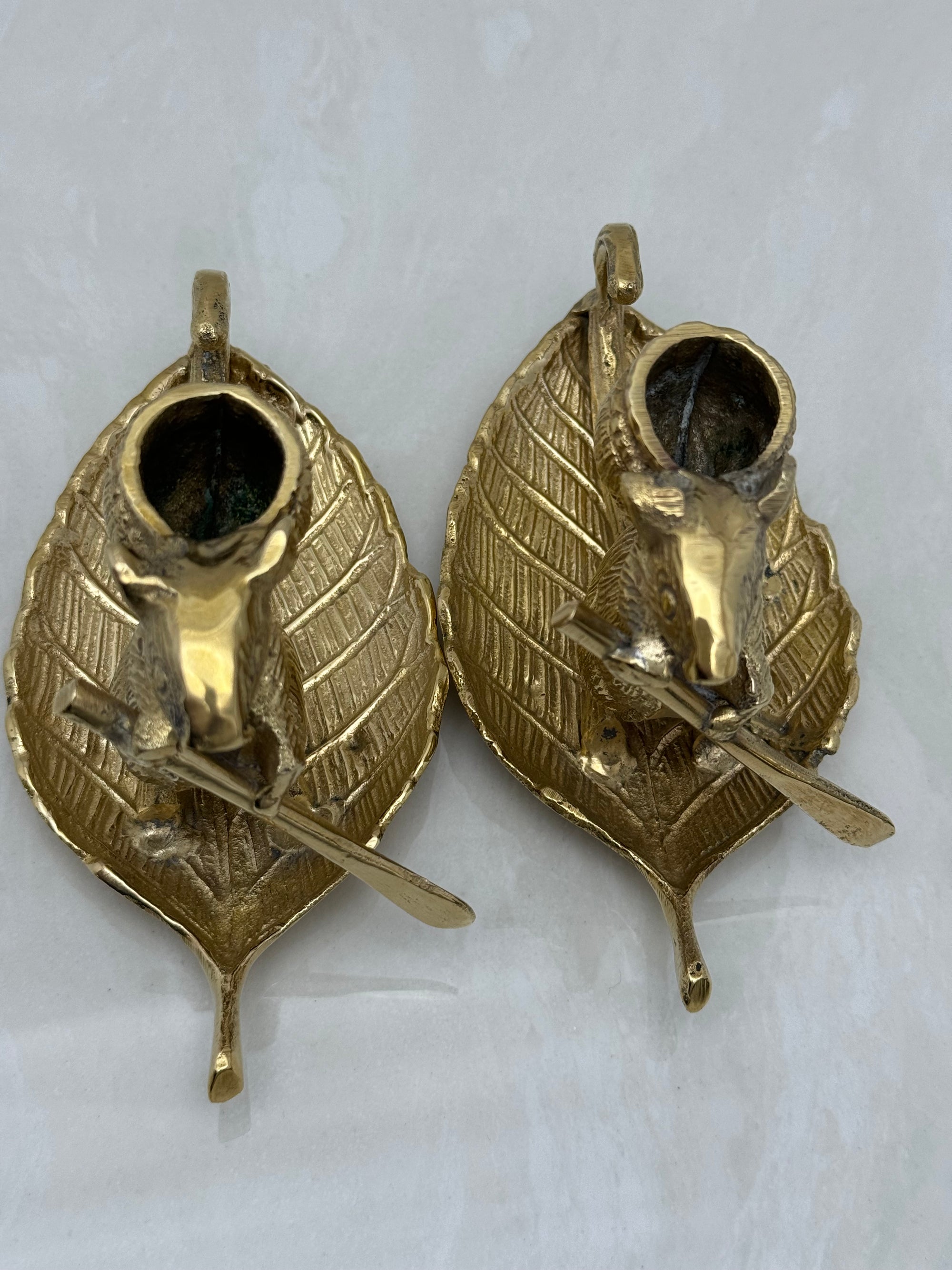 Whimsical Vintage Bronze Mouse Candleholders – Leaf Boats- A Pair