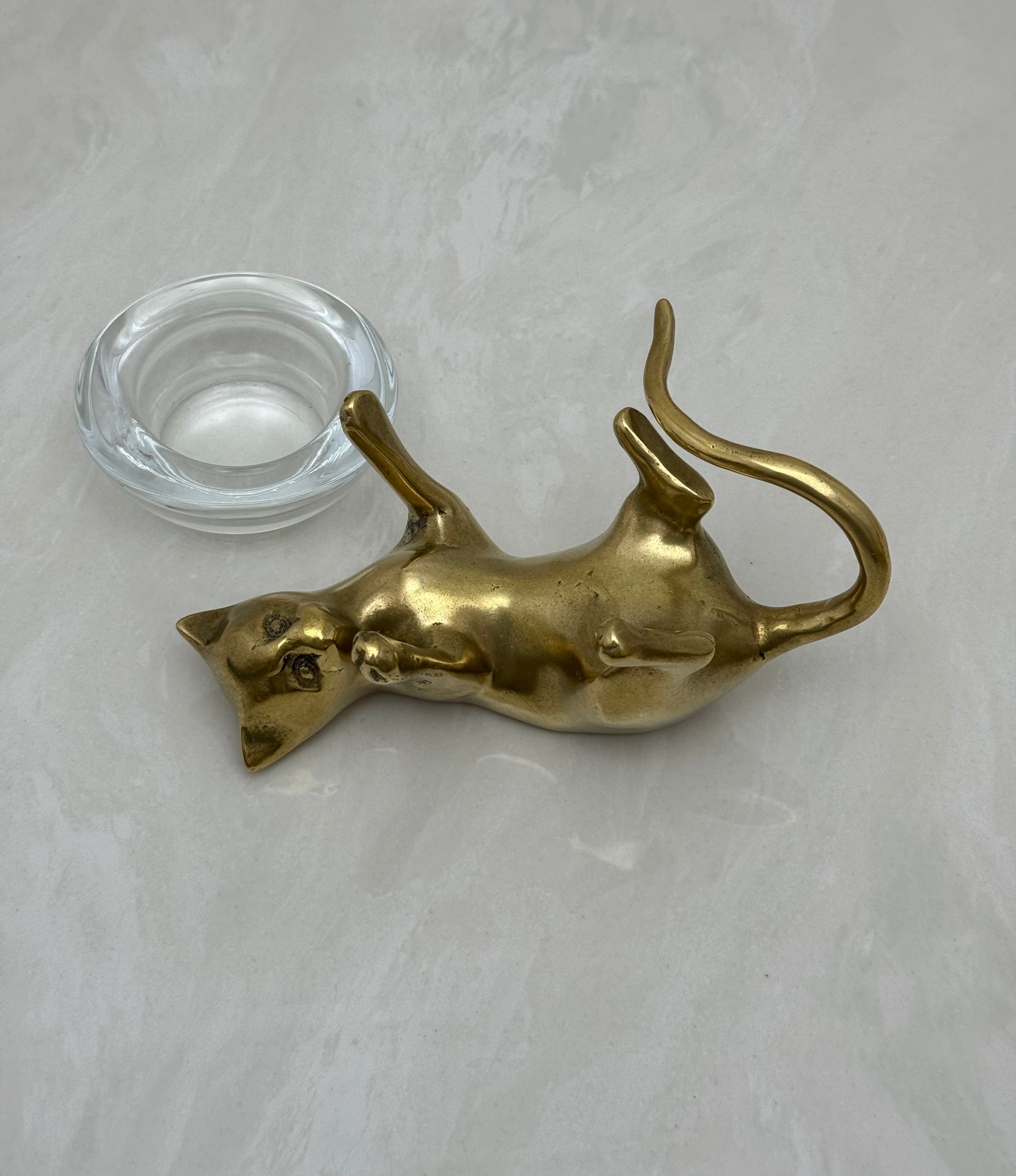 Vintage Brass Cat With Glass Candleholder