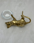 Vintage Brass Cat With Glass Candleholder