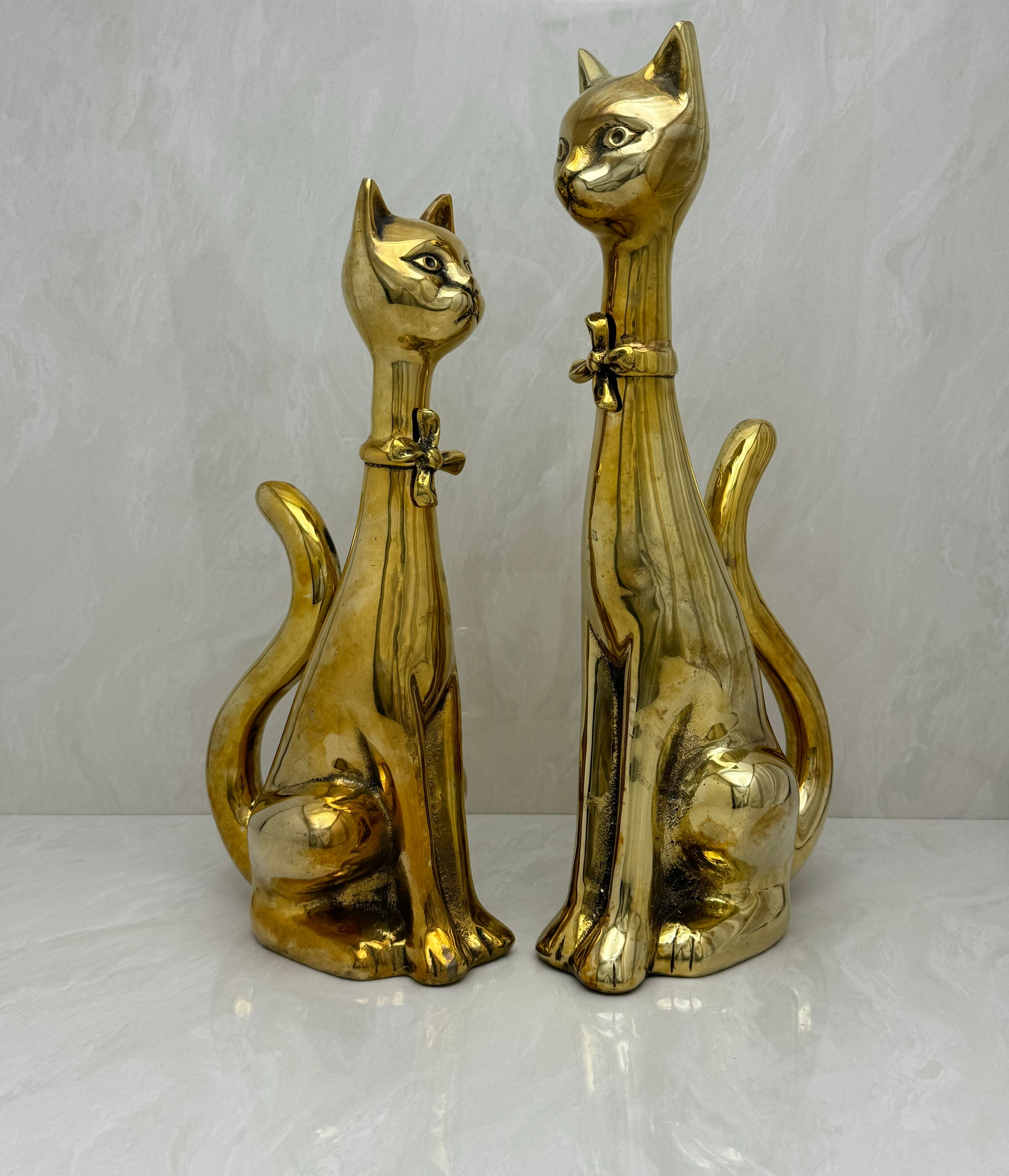 Large Vintage Brass Cats With Bow Tie-A Pair