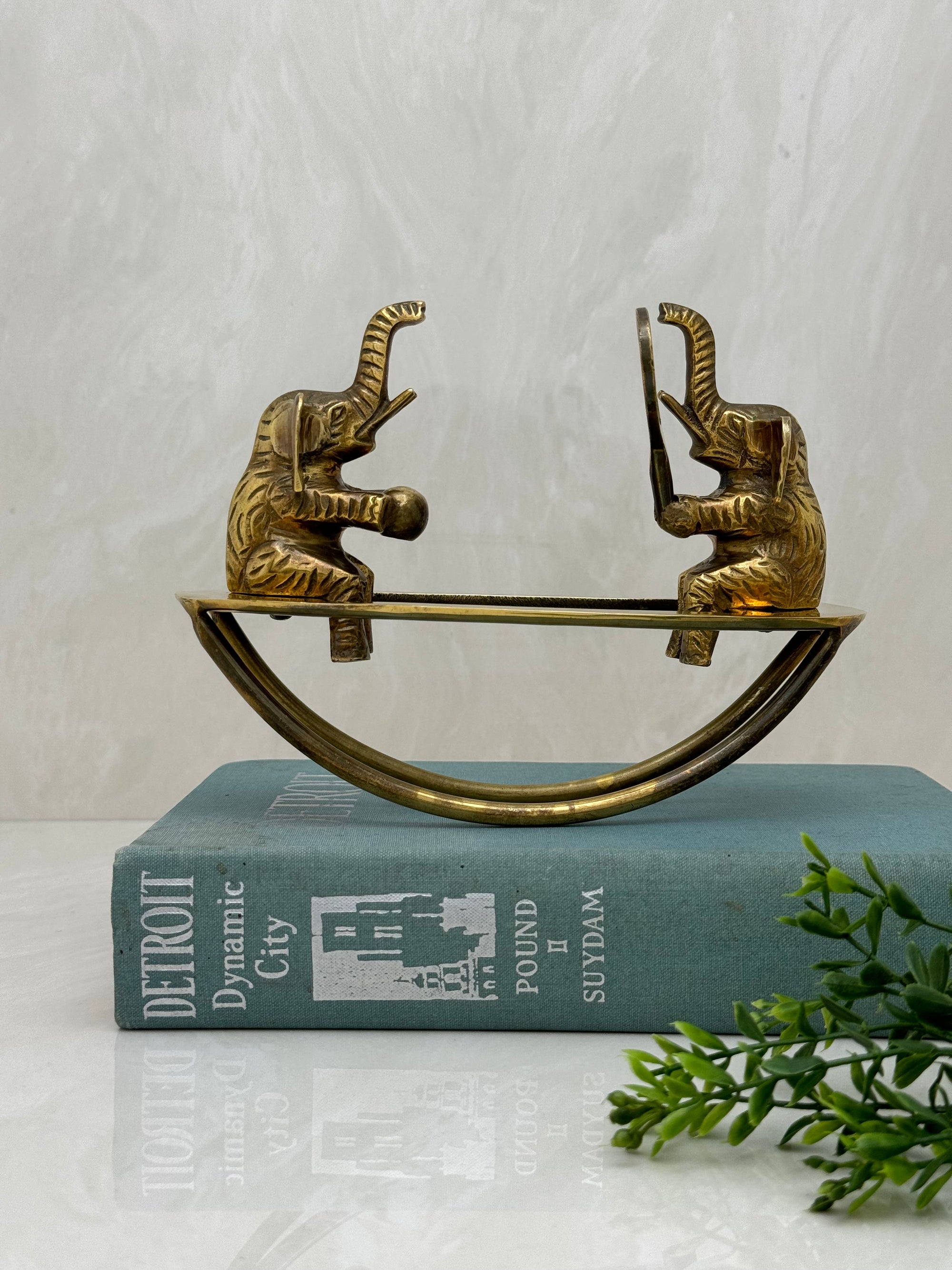 Vintage Brass Figurine of Elephants Enjoying a Tennis Match on a Teeter-Totter