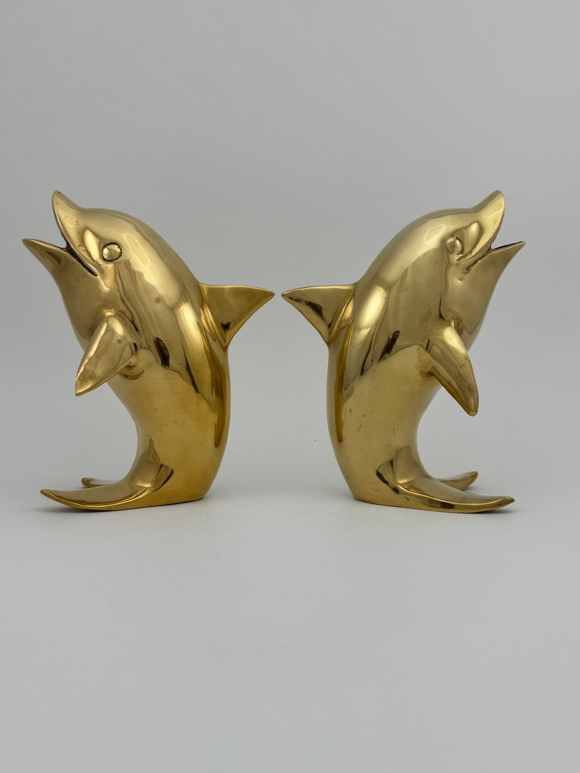 Vintage Solid Brass Dolphins – 10” Coastal Wishing Vessels/Coin Banks-A Pair