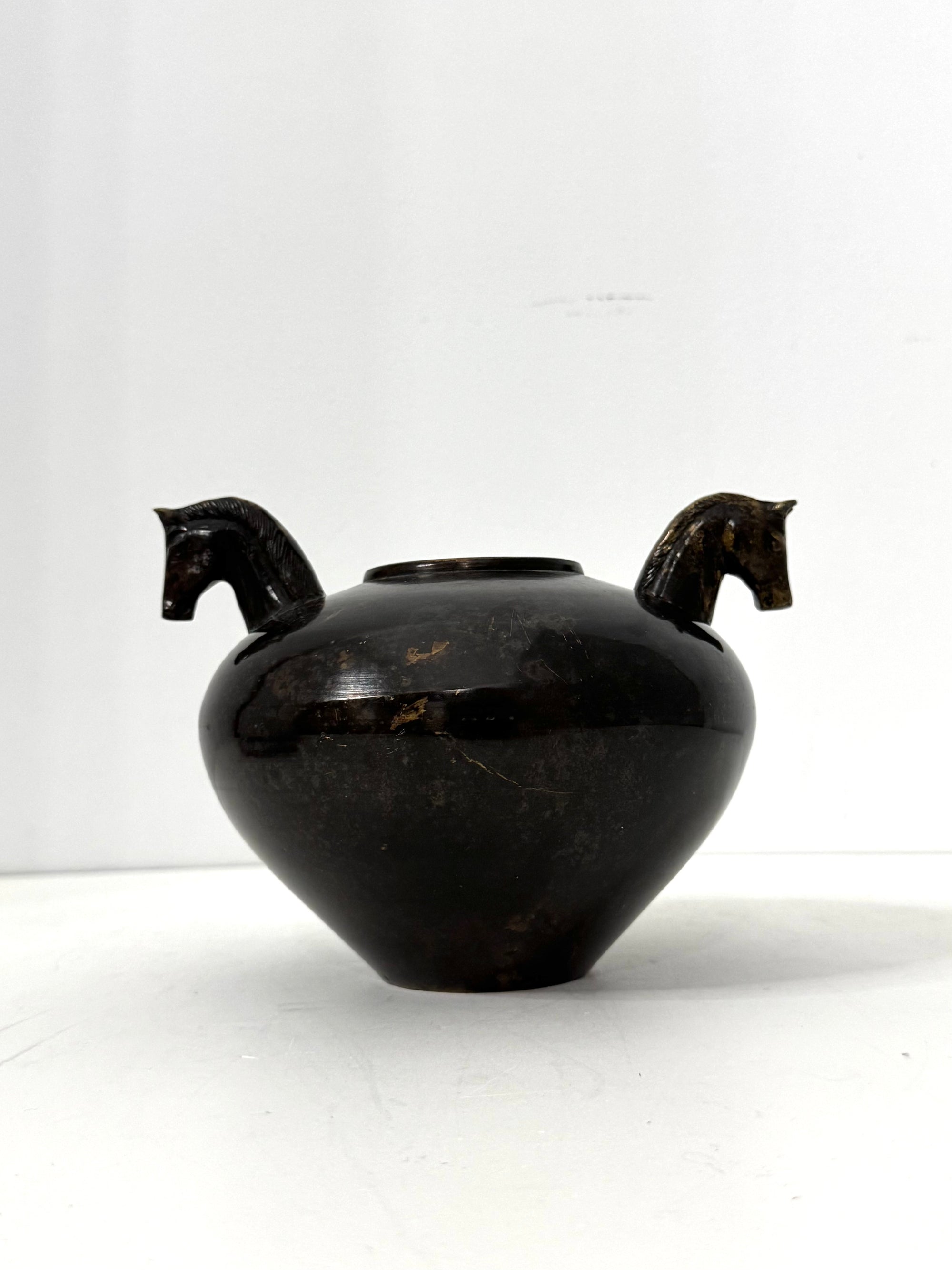 Vintage Bronze Horse Head Vessel | Dual Horse Sculpture Vase