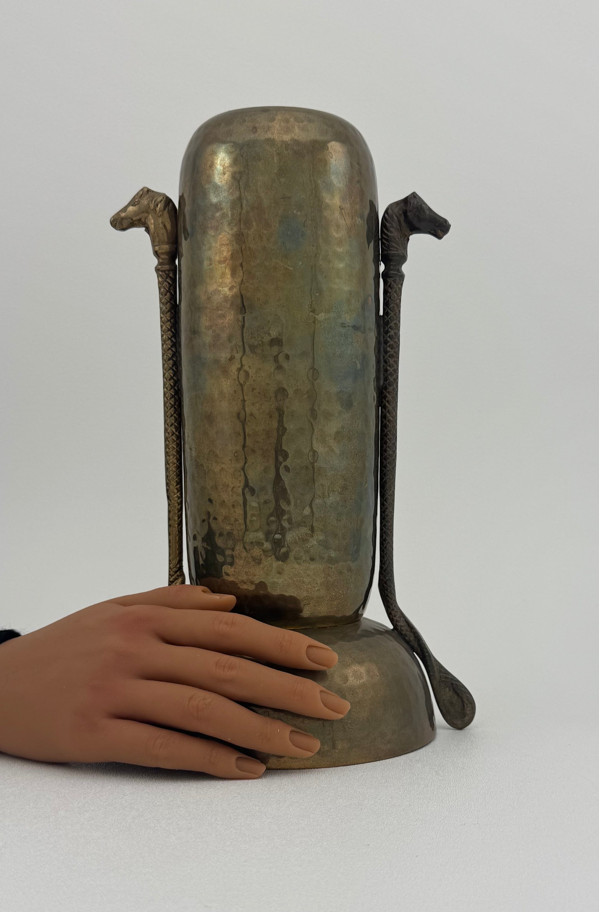 Vintage Brass Hammered Vase With Horse Head Handles