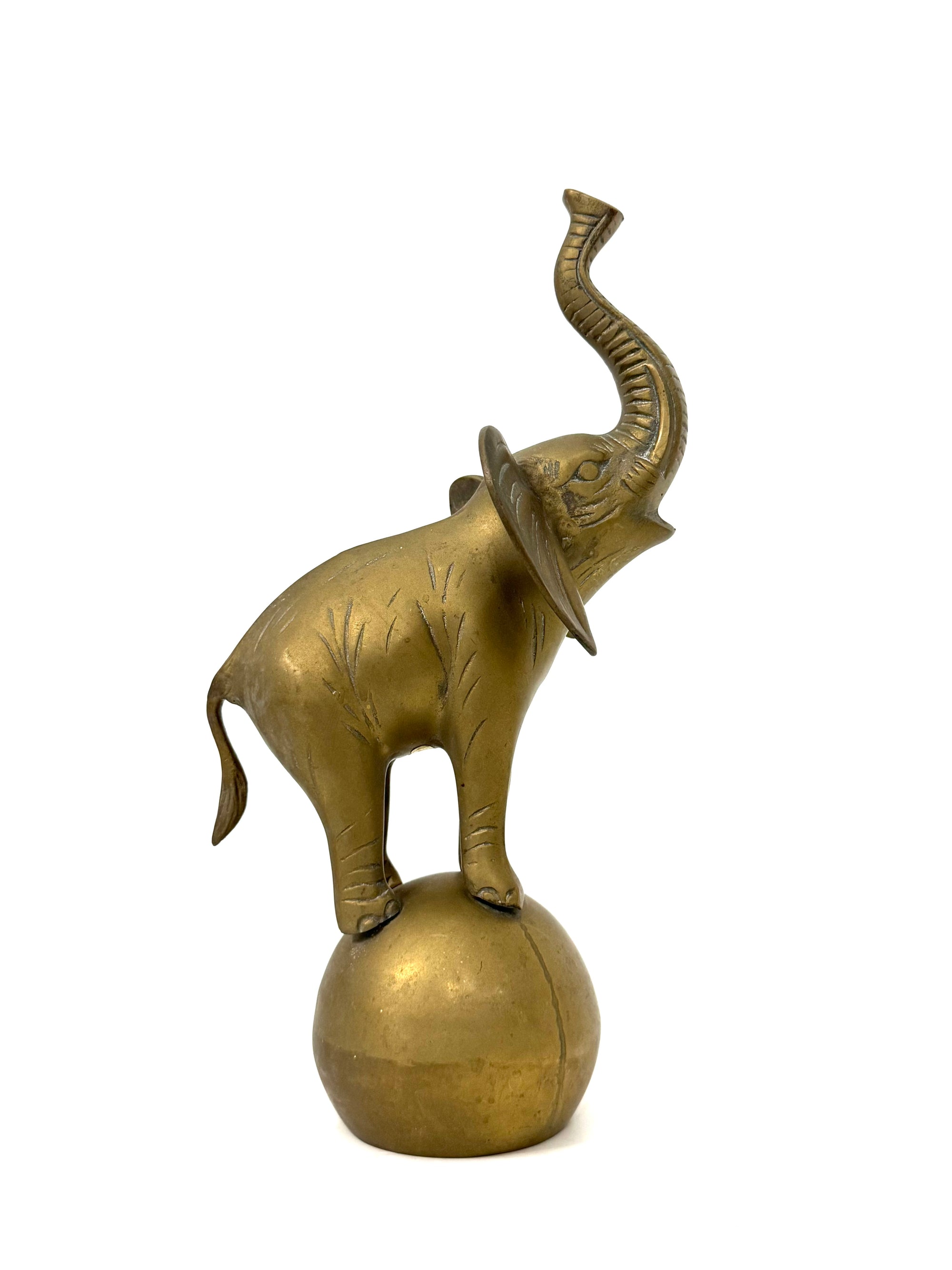 Vintage Brass Elephant on Ball | Mid-Century Circus Sculpture | 13+ inches tall
