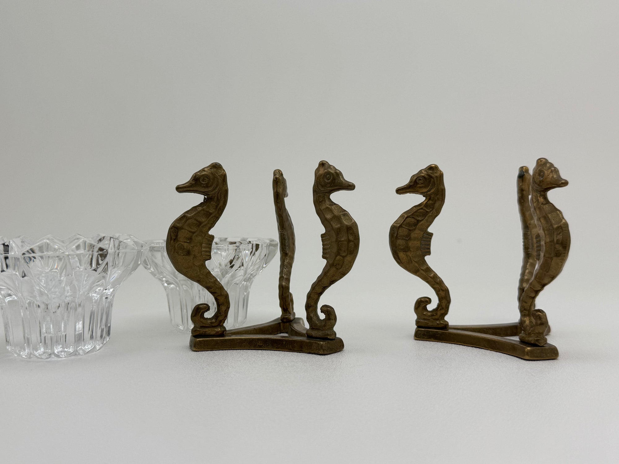 Vintage Brass Seahorse Stands with Crystal Inserts-A Pair