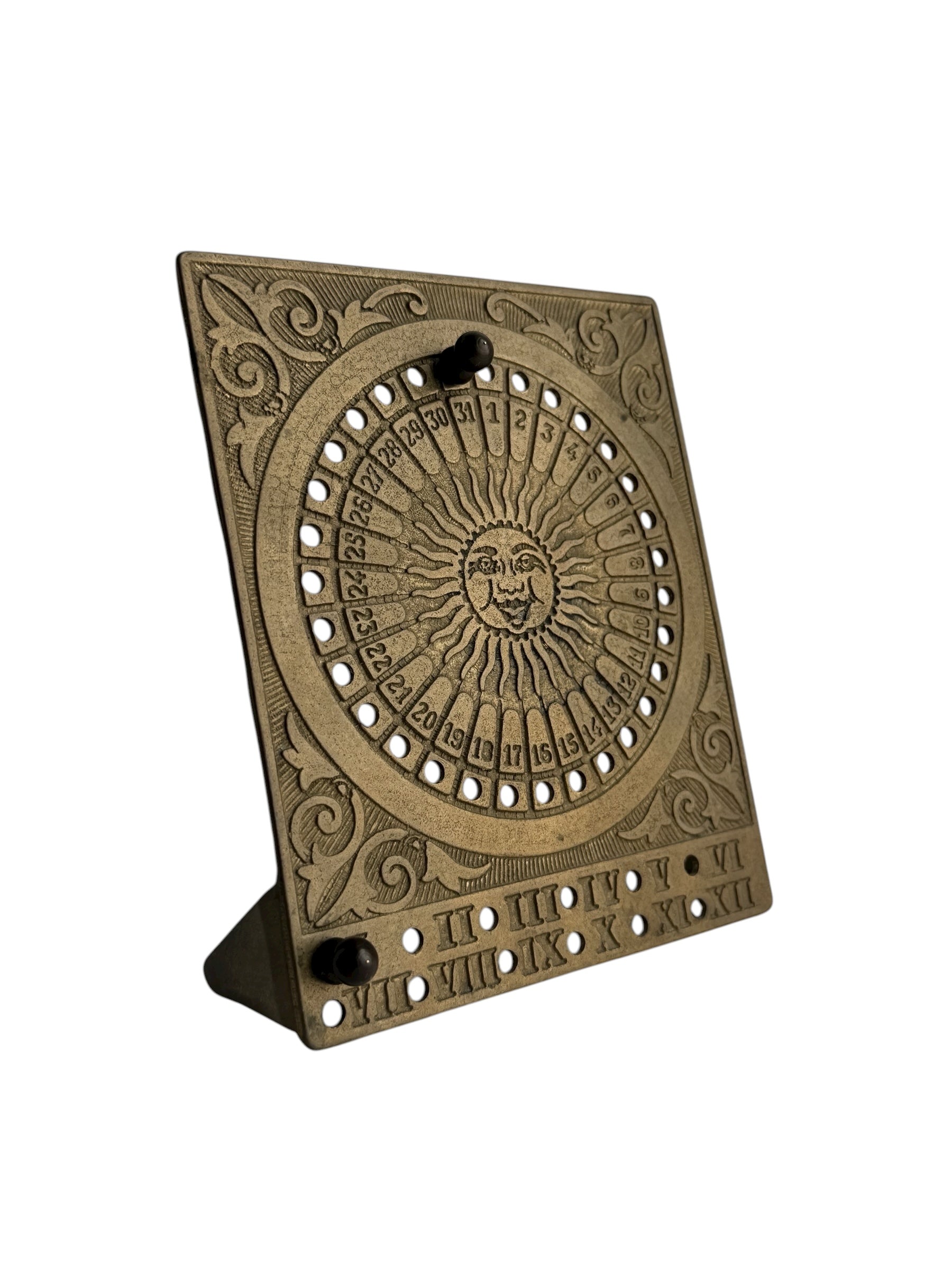 Vintage Brass Sundial Desk Calendar with Pegs