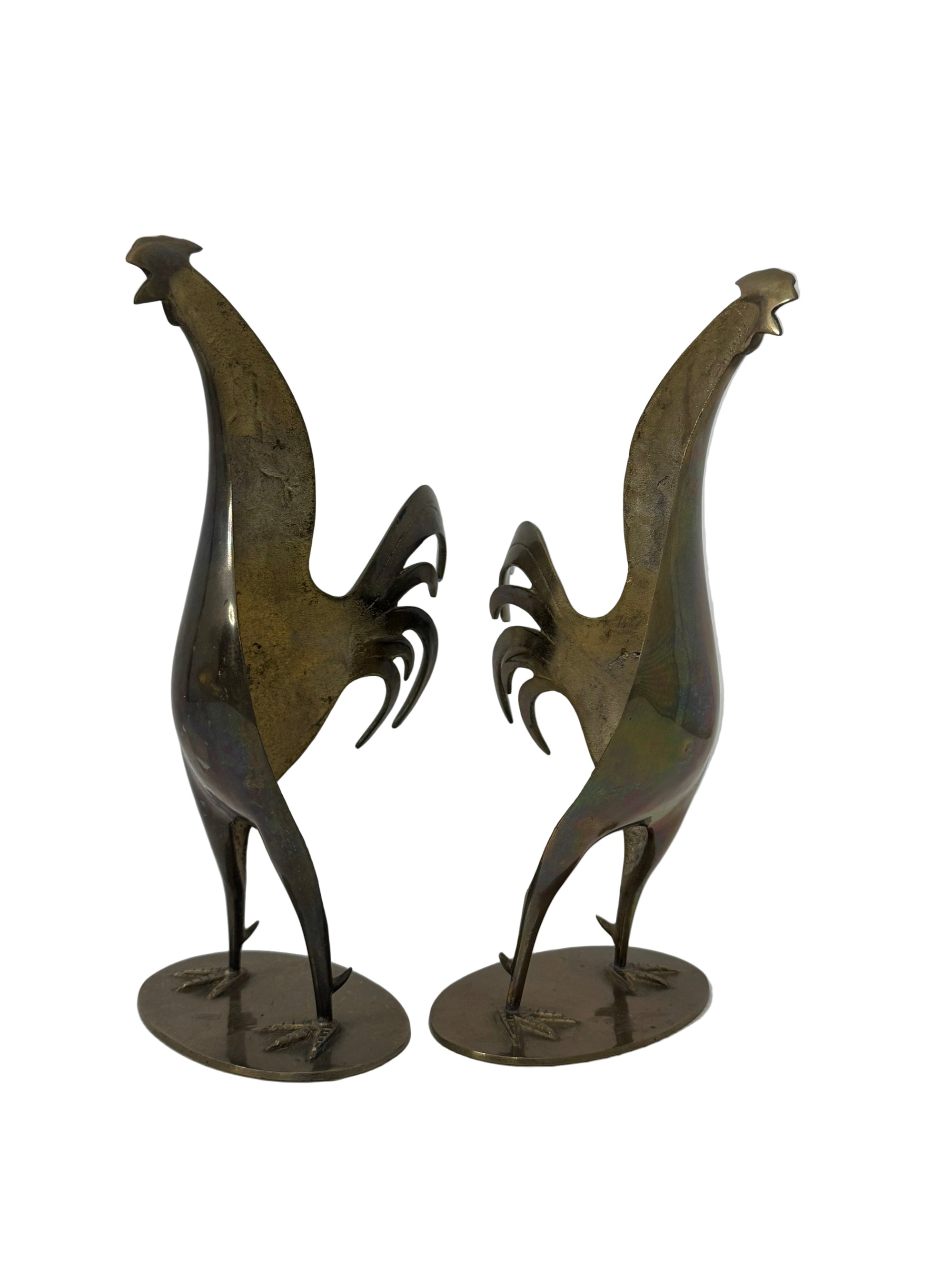 Vintage Mid-Century Modern Brass Rooster Sculptures – Pair, Made in Hong Kong