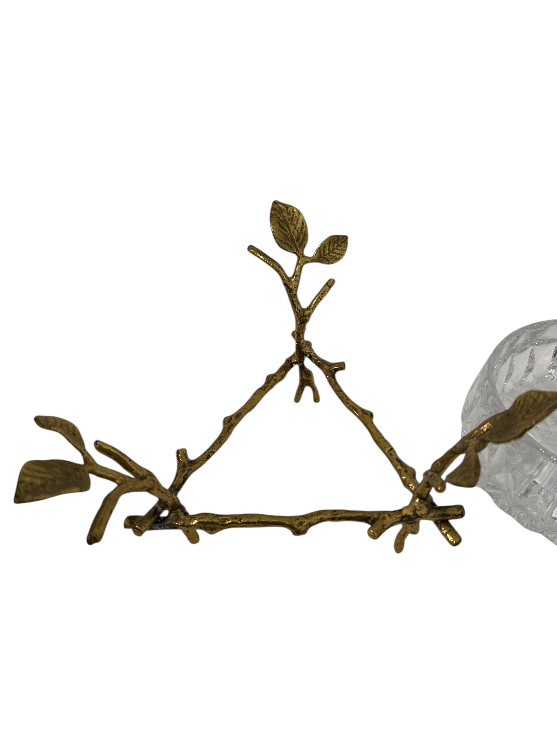 Vintage Cut Crystal Bowl with Ornate Brass Branch &amp; Leaf Stand – Mid-Century Elegance