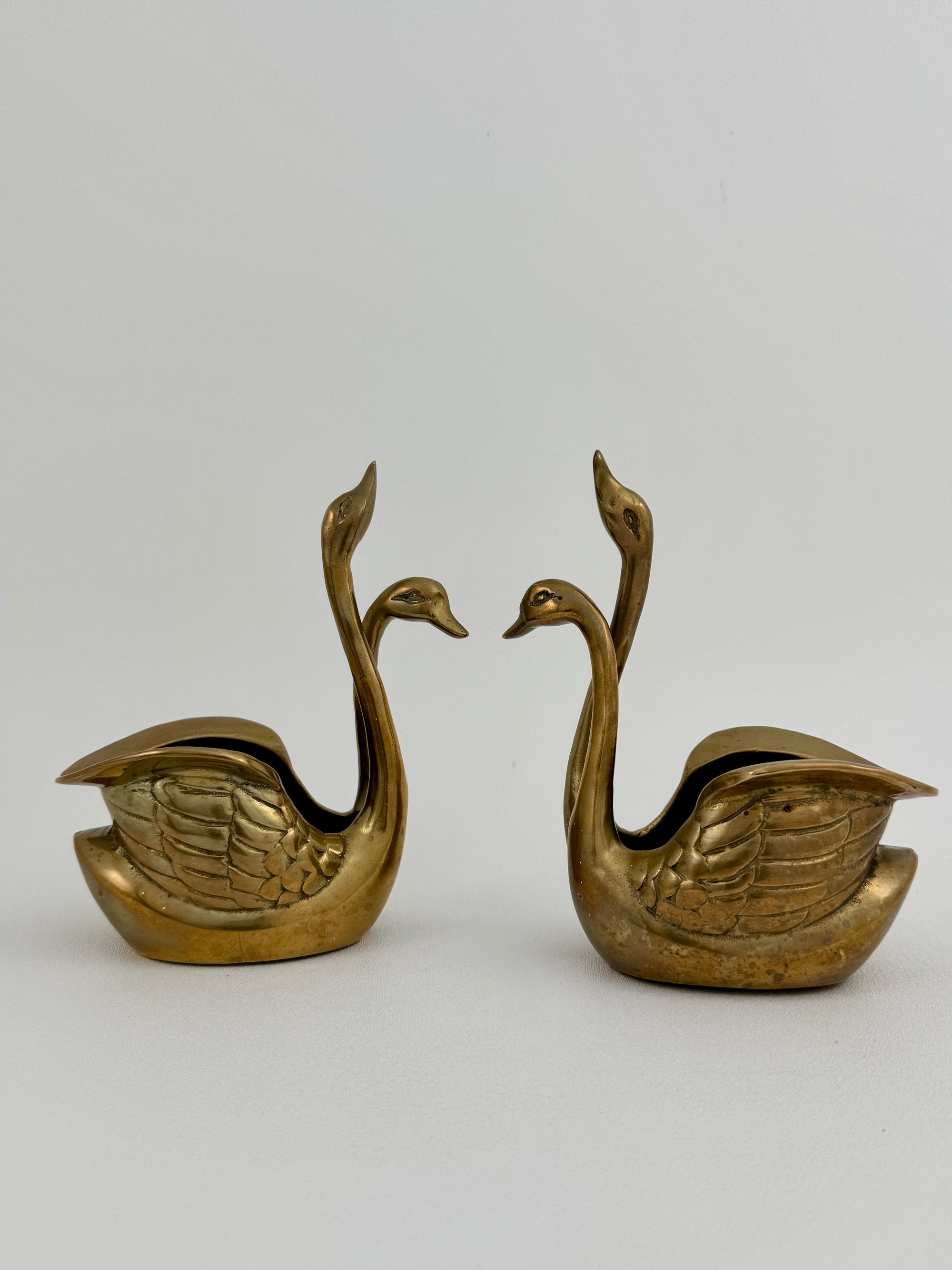 Small Pair of Vintage Brass Double Swan Planters – Hollywood Regency Stash Pots – 7”