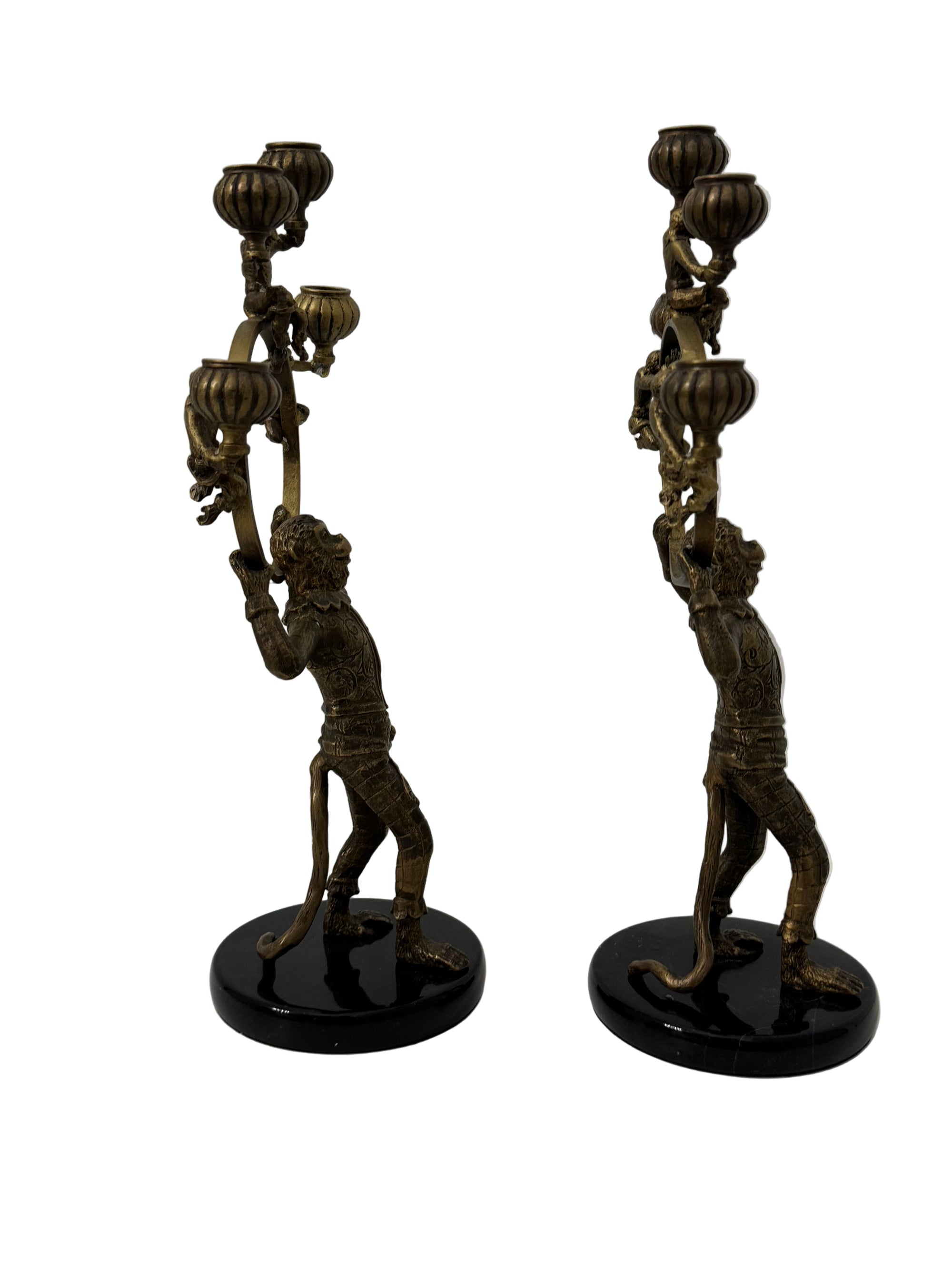 Vintage Brass Monkey Candleholders on Black Marble Bases | Mid-Century Exotic Pair