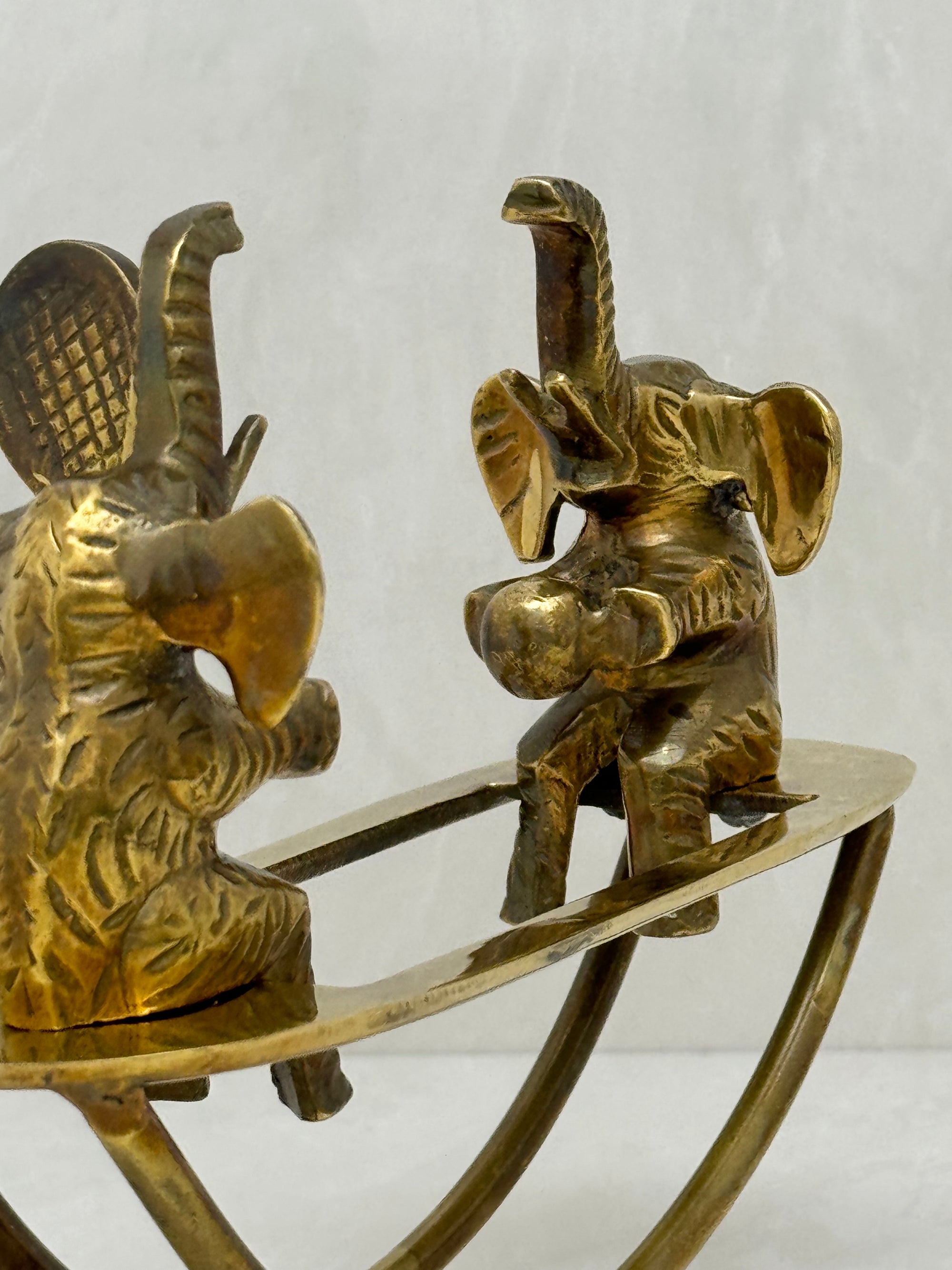 Vintage Brass Figurine of Elephants Enjoying a Tennis Match on a Teeter-Totter